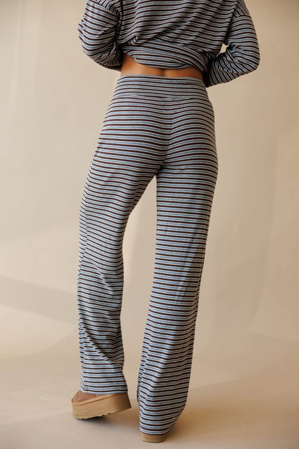 Brown and grey stripe knit wide leg pants