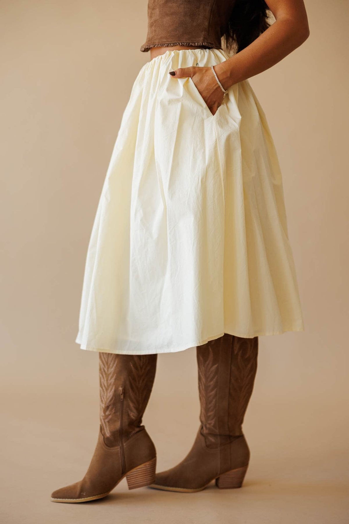 Cream gathered waist midi skirt