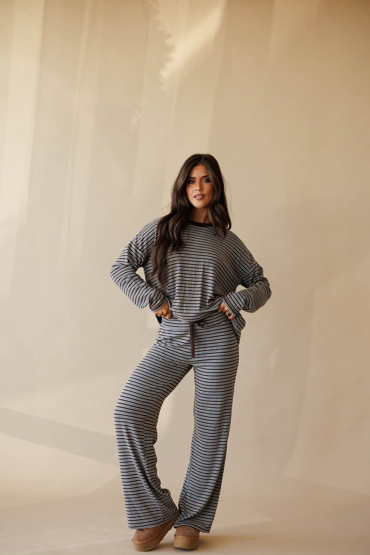 Brown and grey stripe oversized knit top