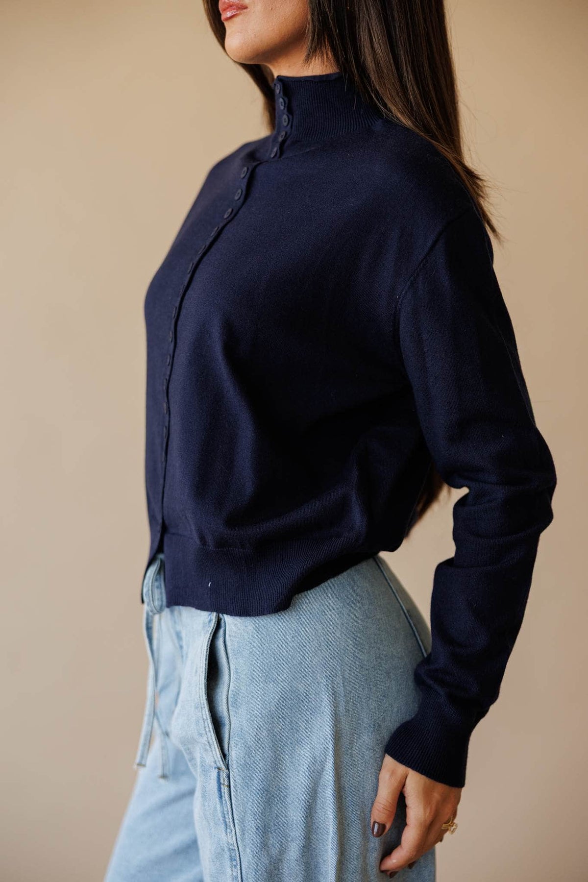 Navy button front mock neck cardigan