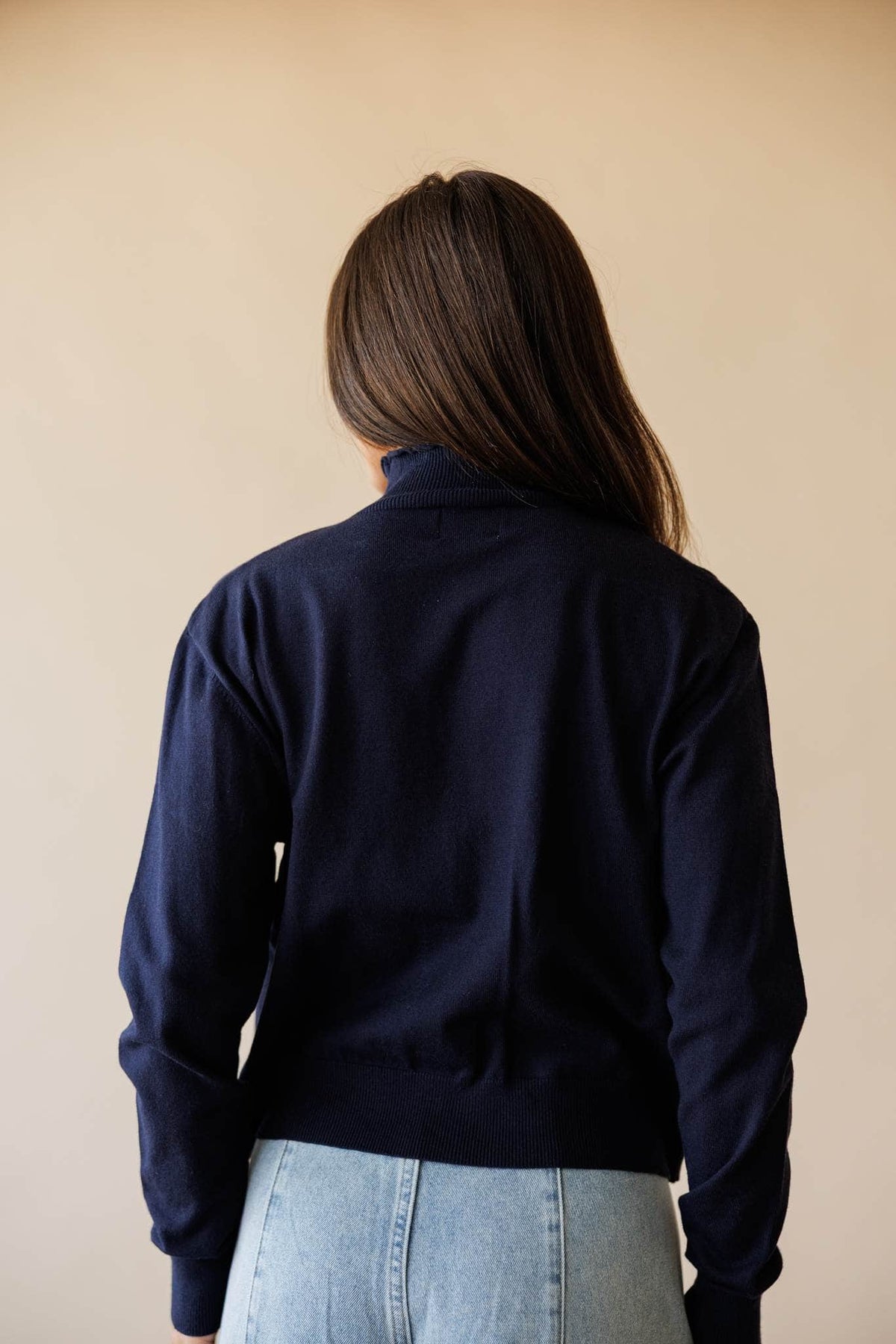 Navy button front mock neck cardigan
