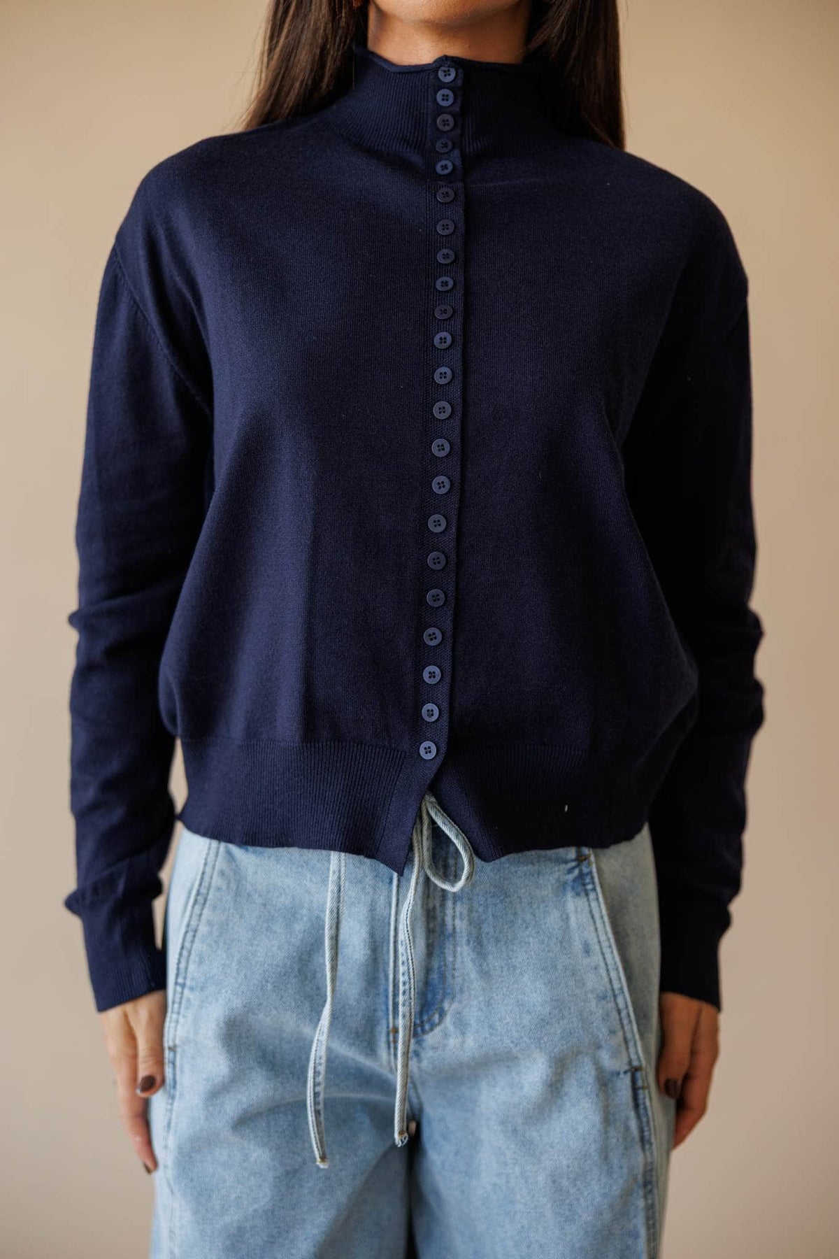 Navy button front mock neck cardigan