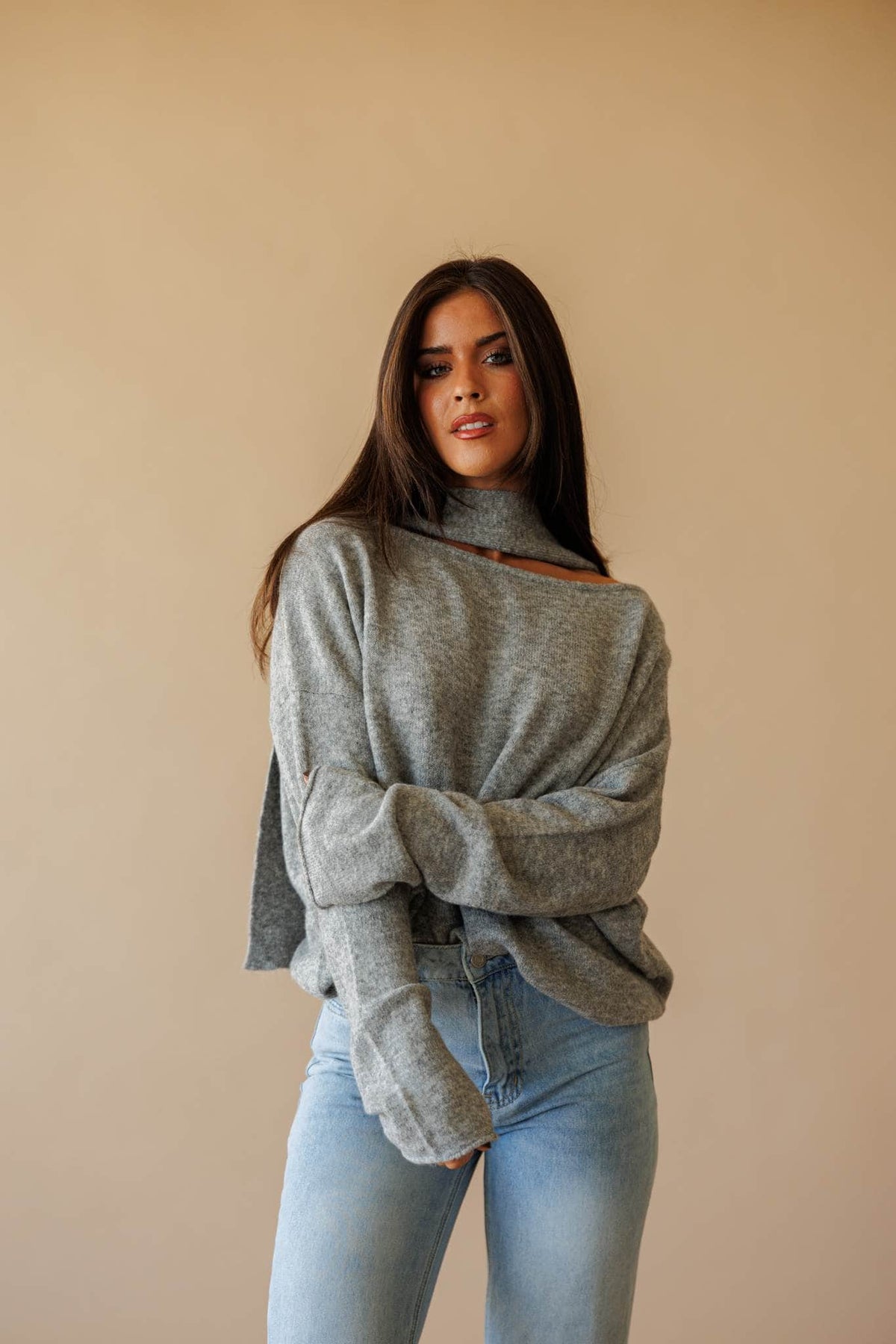 Dusty blue cold shoulder sweater with scarf detail