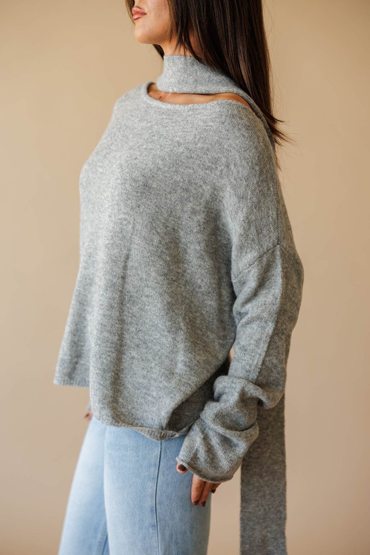 Dusty blue cold shoulder sweater with scarf detail