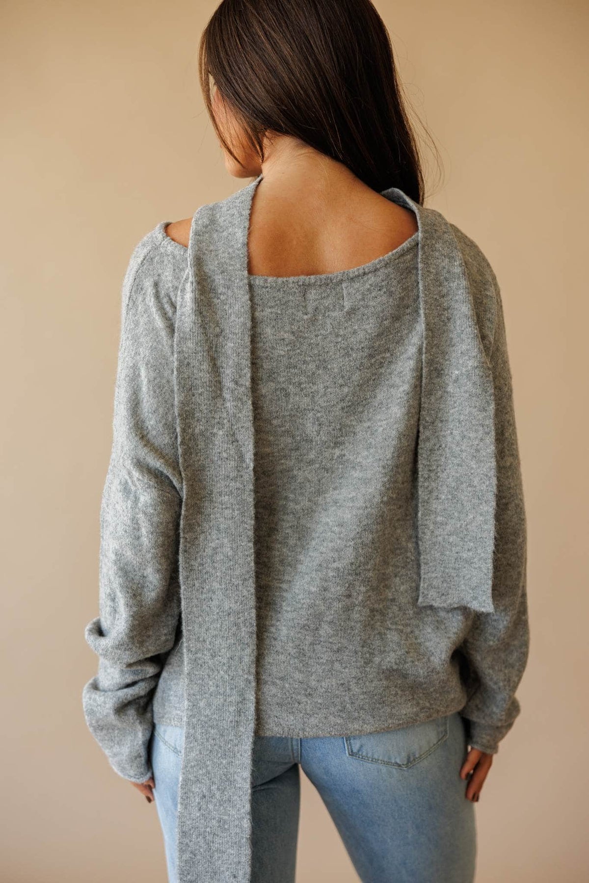 Dusty blue cold shoulder sweater with scarf detail