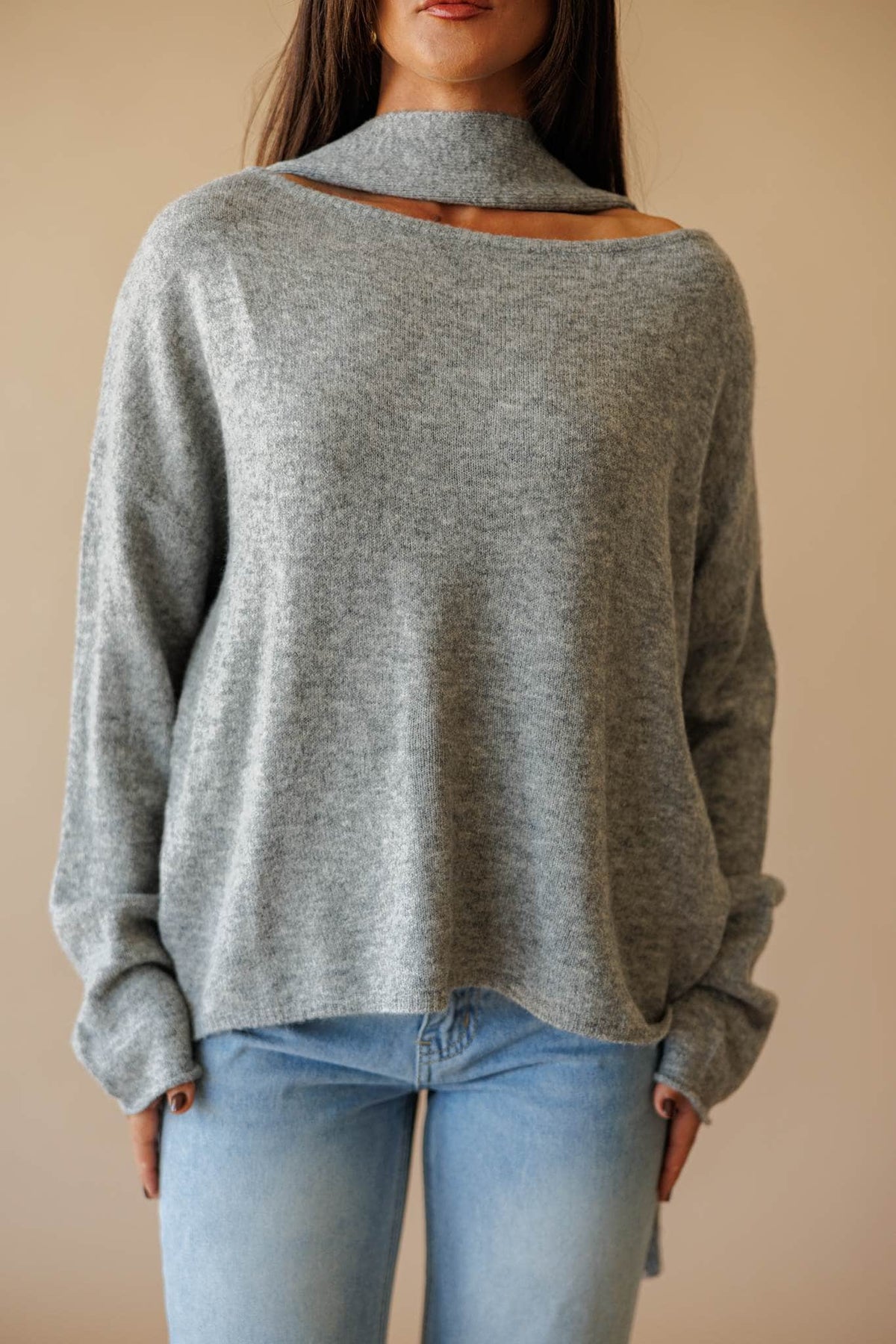 Dusty blue cold shoulder sweater with scarf detail