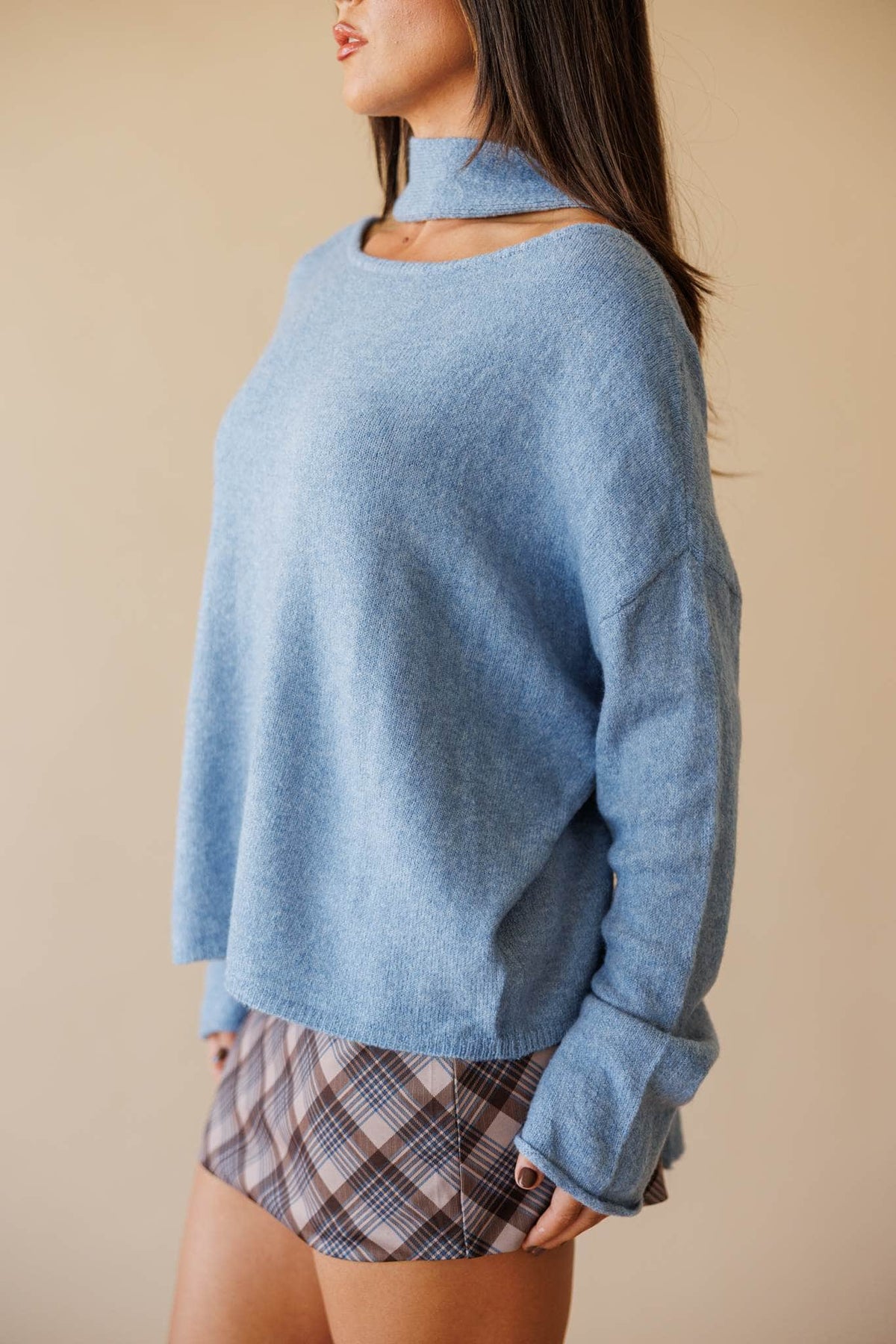 Dusty blue cold shoulder sweater with scarf detail