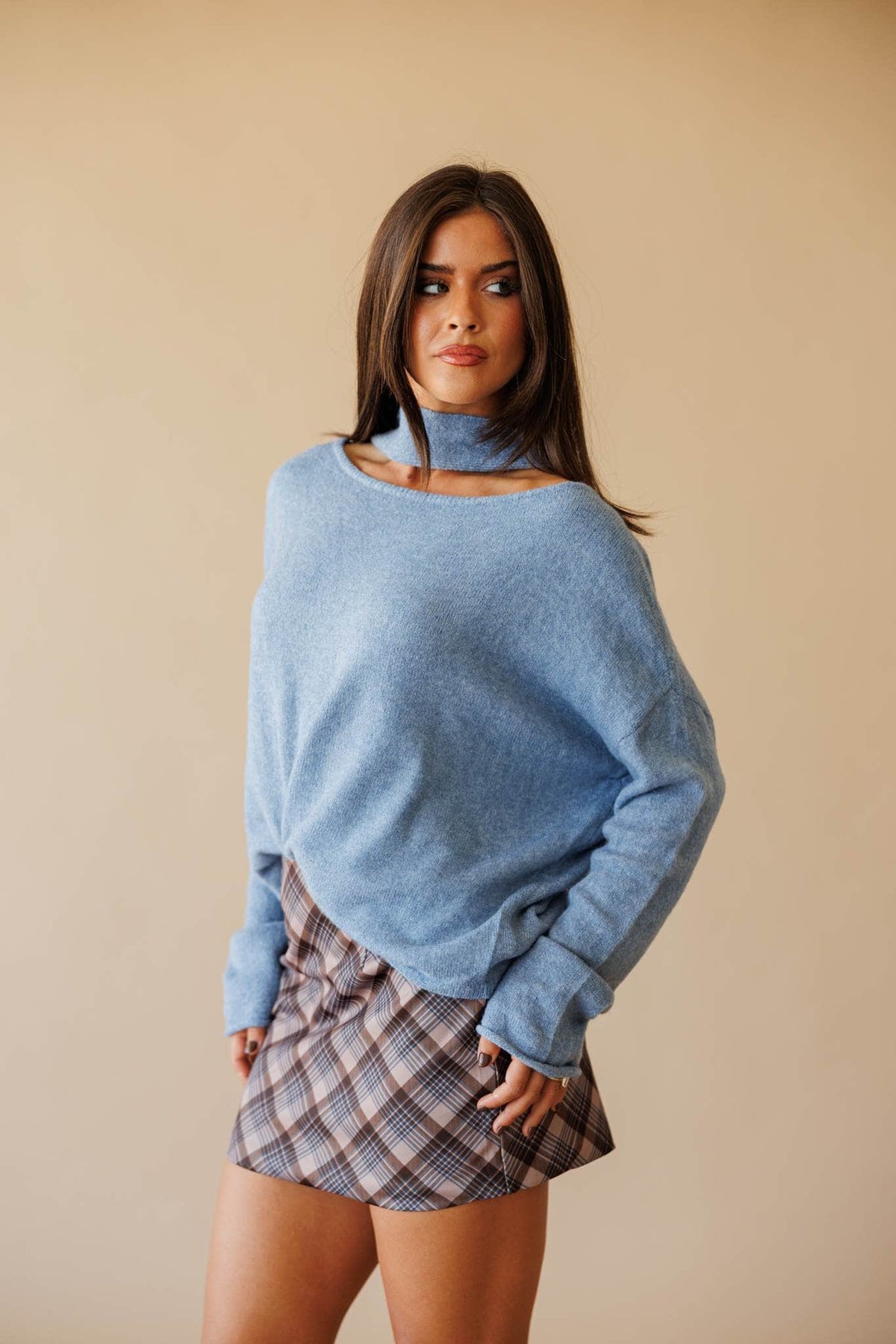 Dusty blue cold shoulder sweater with scarf detail