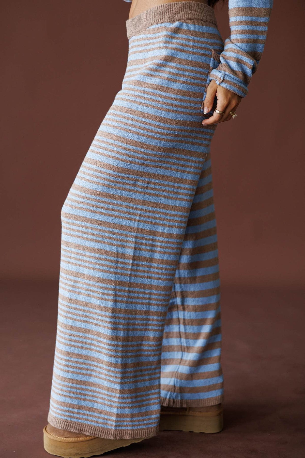 Latte Stripe Sweater Pants in latte and blue, side view showing the wide leg striped knit