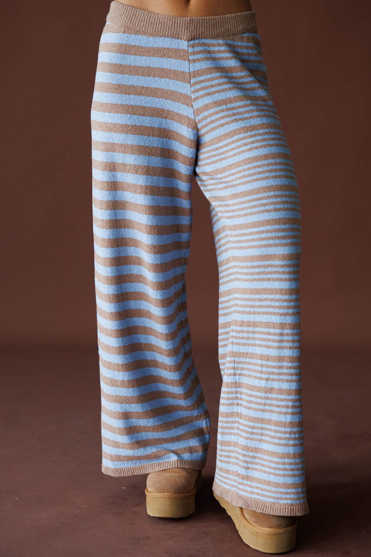 Latte Stripe Sweater Pants in latte and blue, front close-up of the striped knit waistband
