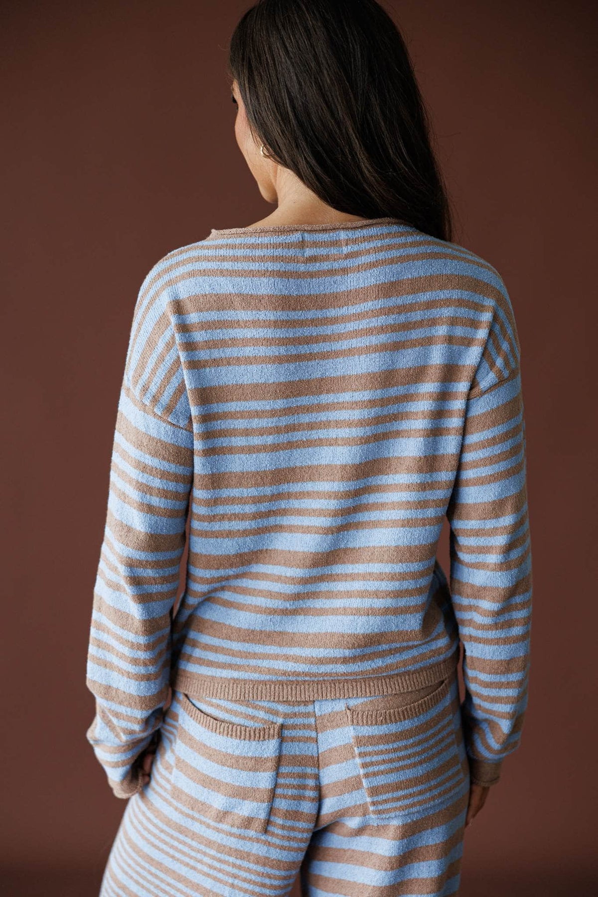 Latte Stripe Sweater in latte and blue, back view showing the striped knit sweater