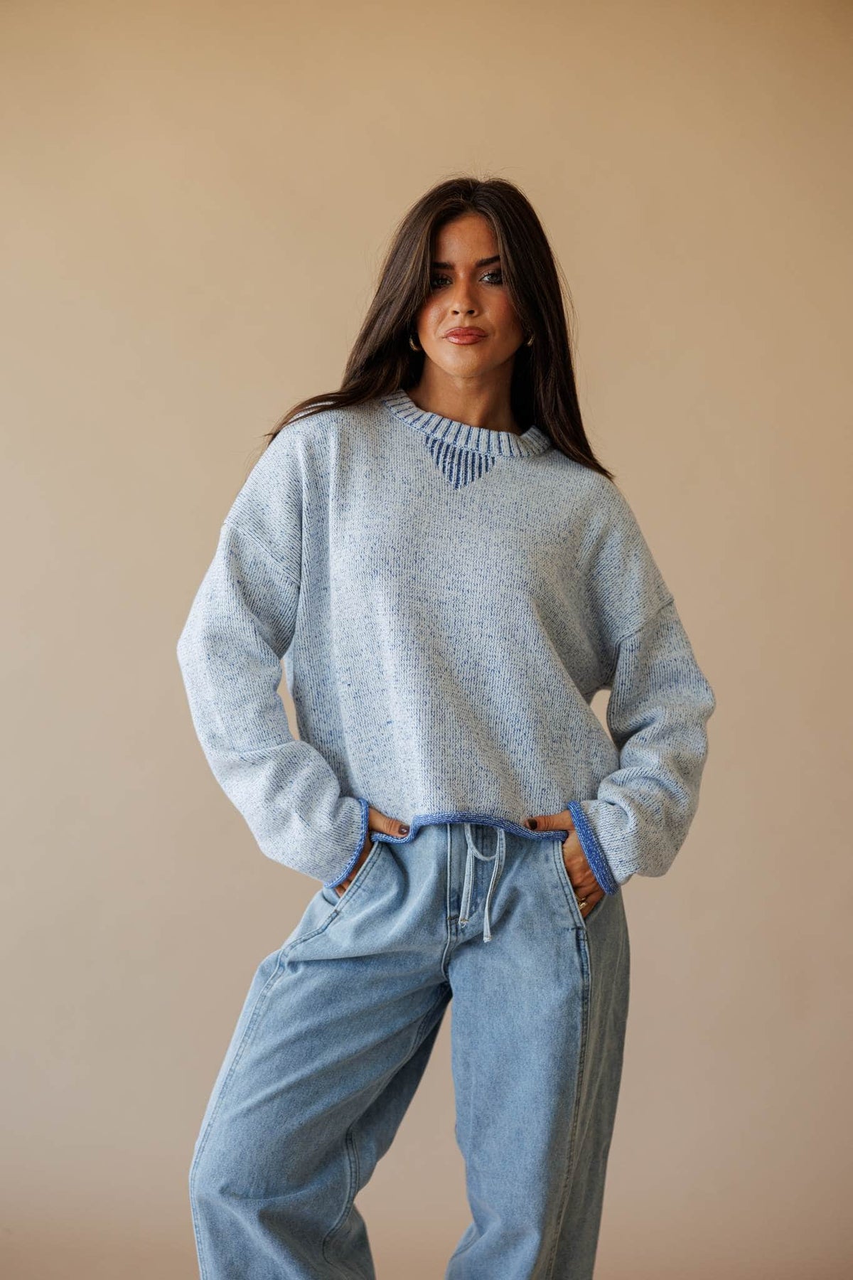 Two tone knit sweater with contrast trim