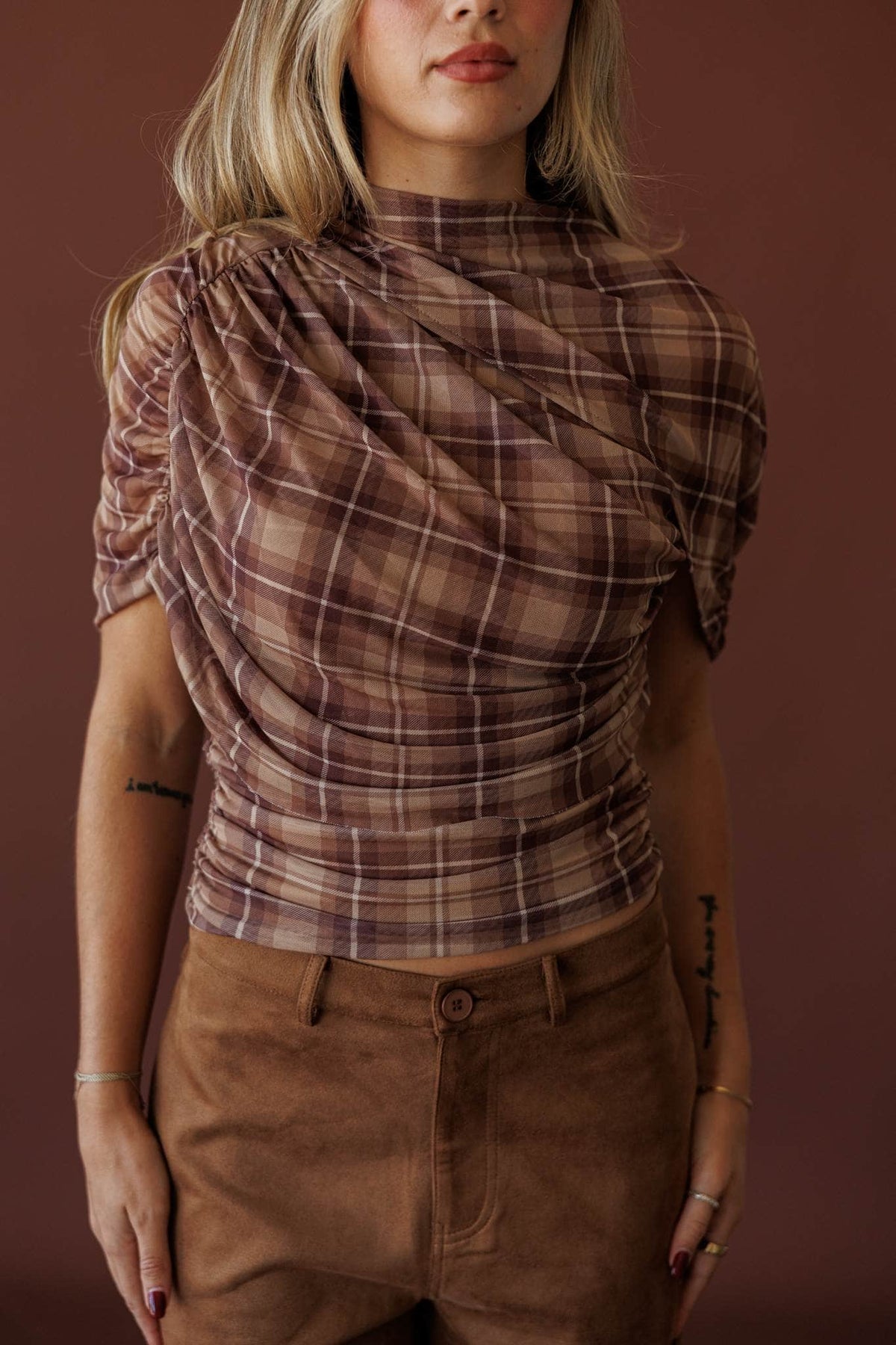 Autumn Static Plaid Top, front view of the sheer plaid and mock neck