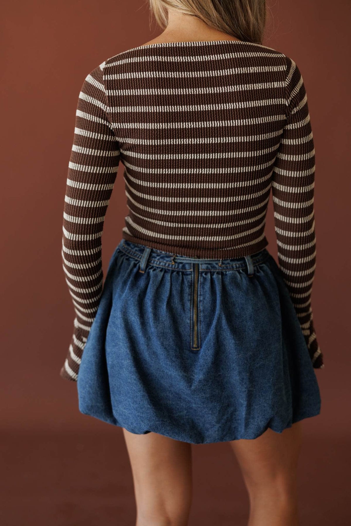 Coffee Stripe Long Sleeve Top, back view of the striped knit