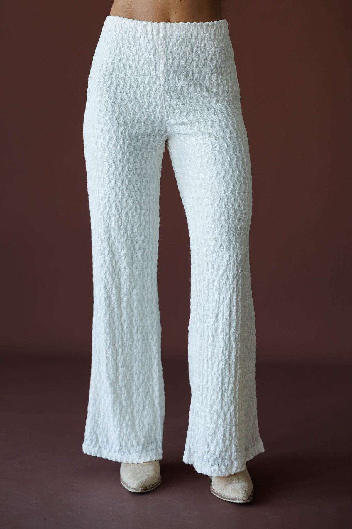 Textured Pull On Pants in ivory, front close-up of the high waist and textured flare
