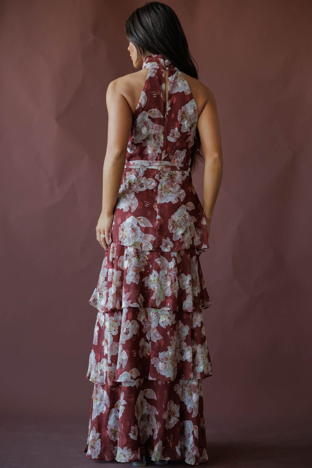 Burgundy floral tiered halter maxi dress