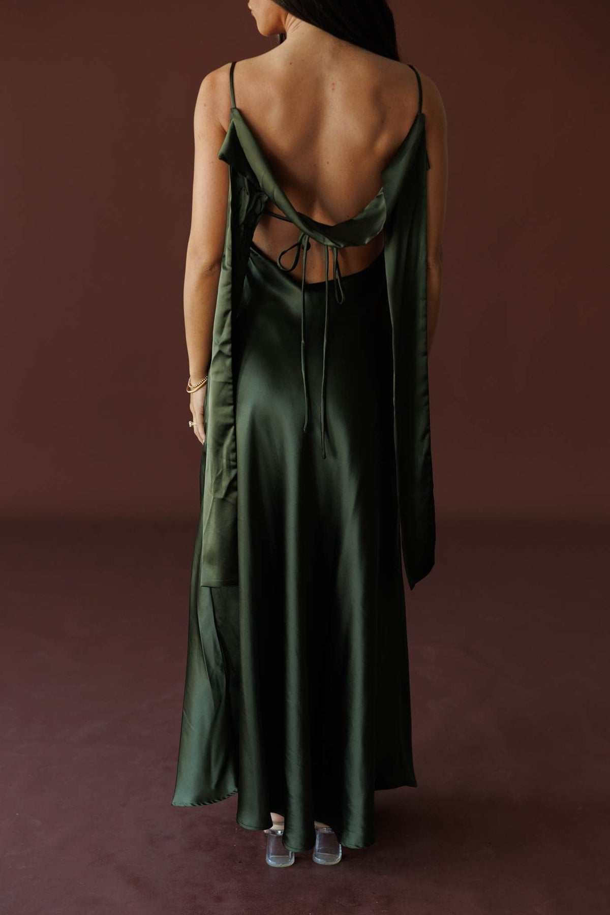 The Candlelight Dress in khaki, back view showing the open back and long ties
