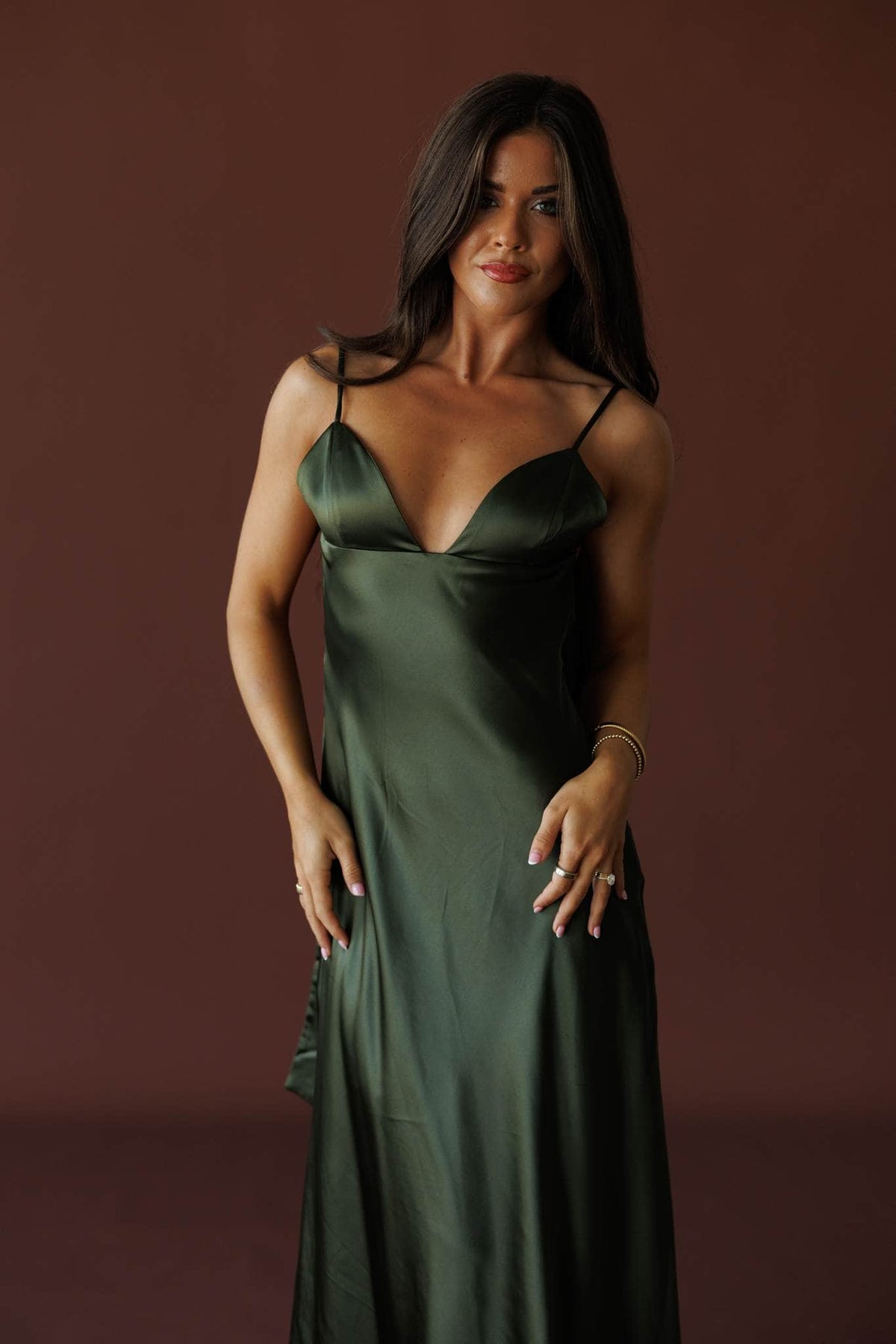 The Candlelight Dress in khaki, front view showing the cowl neck and bias cut skirt