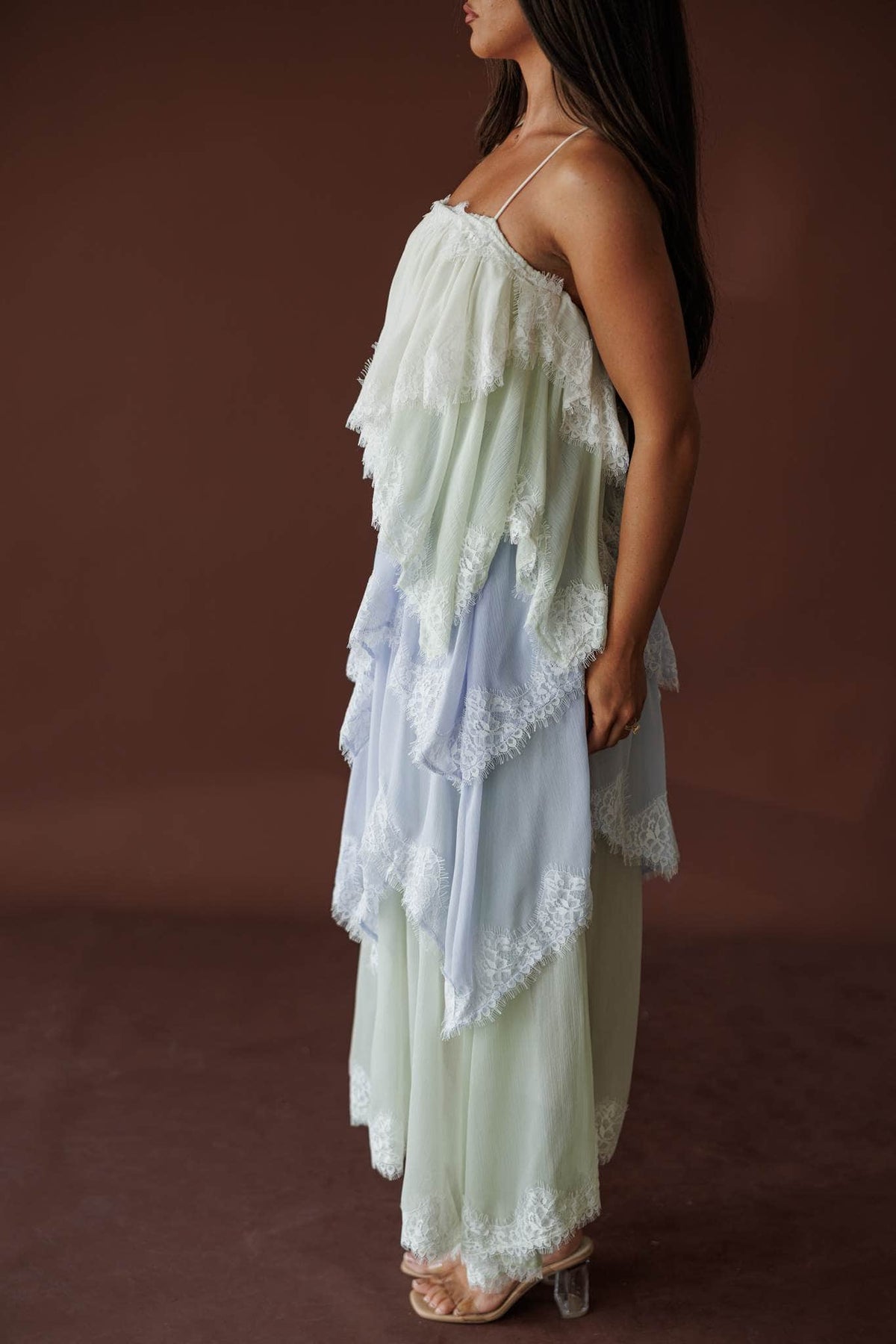 The Summer Diaries Dress, in blue multi, side view of the tiered skirt