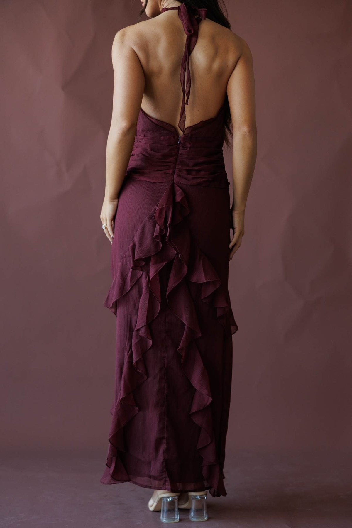 Wine ruffle halter maxi dress