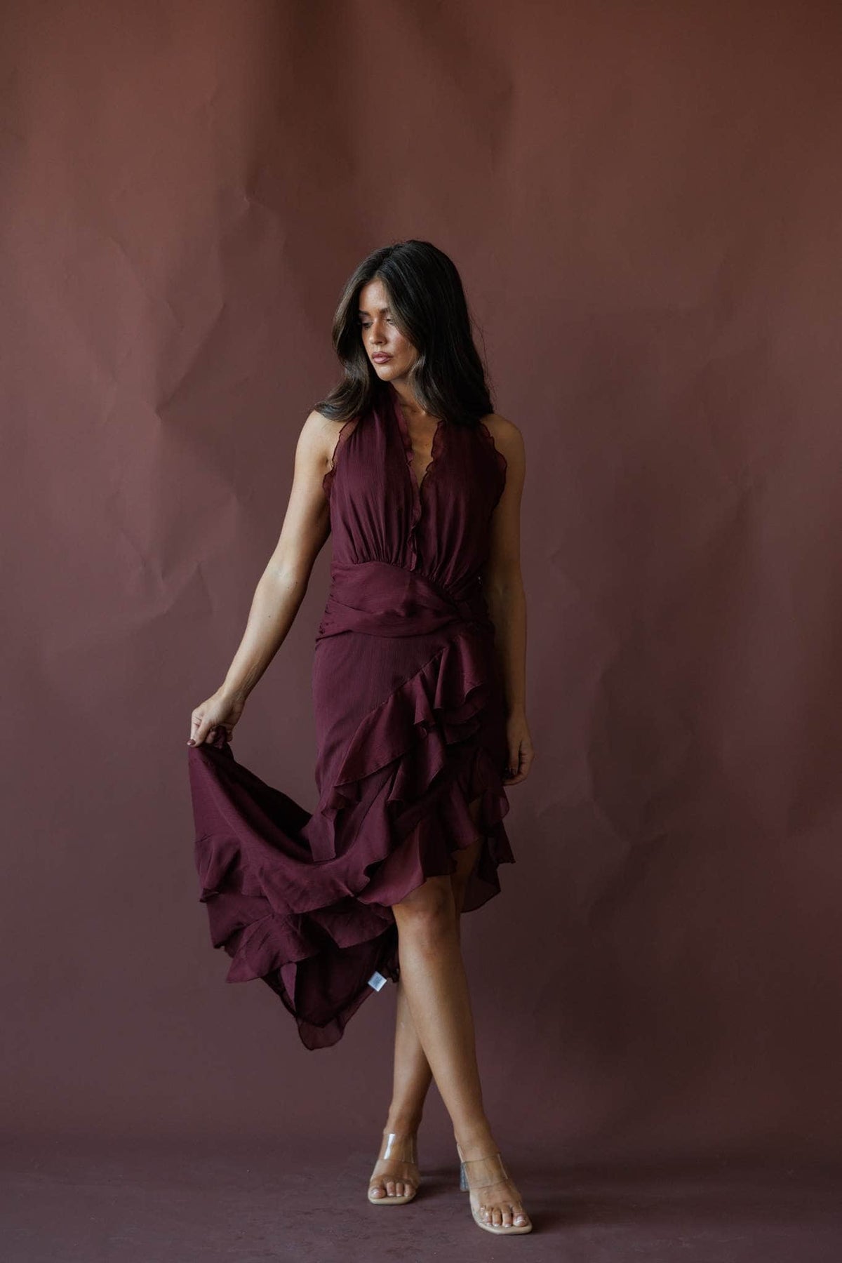 Wine ruffle halter maxi dress
