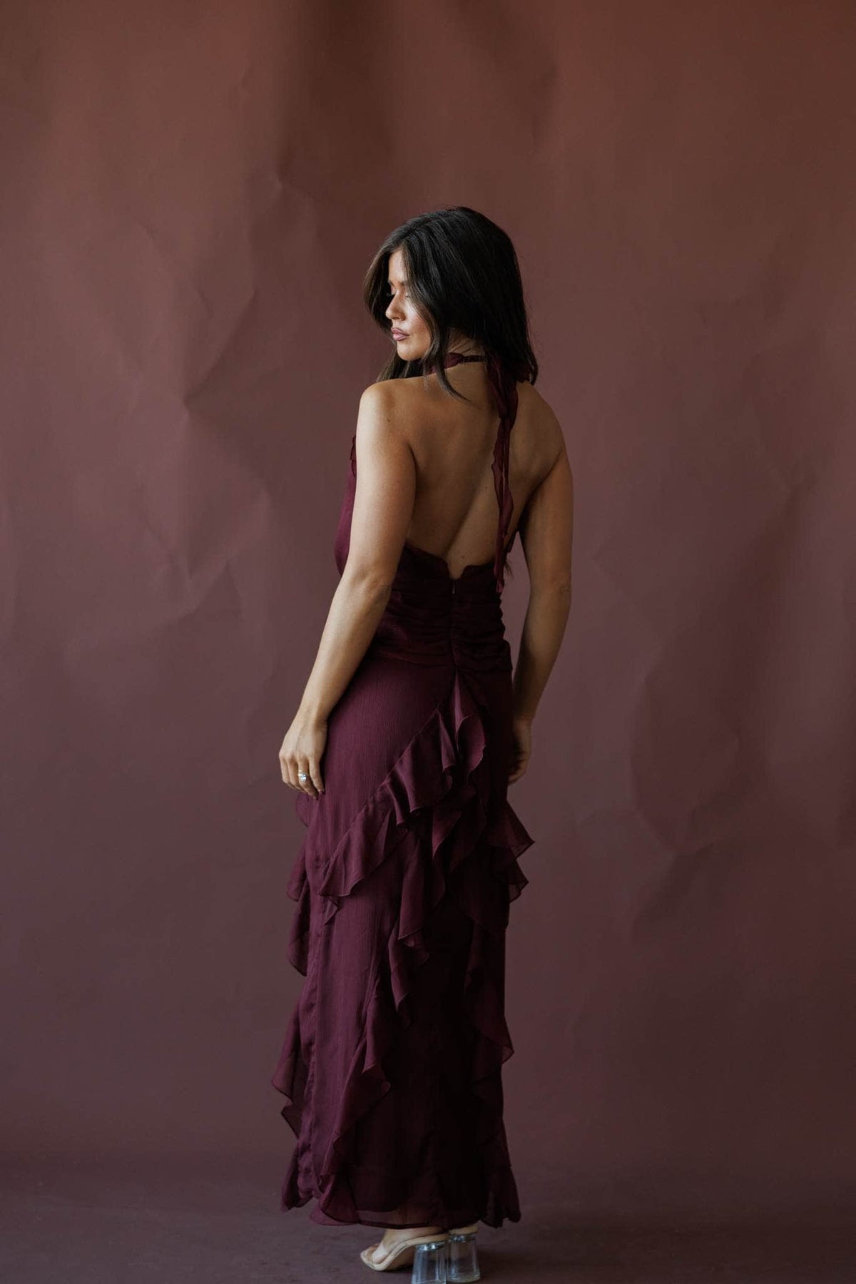 Wine ruffle halter maxi dress