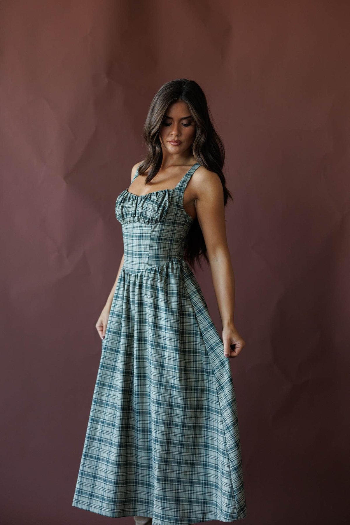 Green plaid midi dress