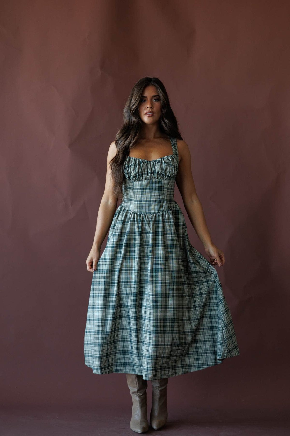 Green plaid midi dress, front view