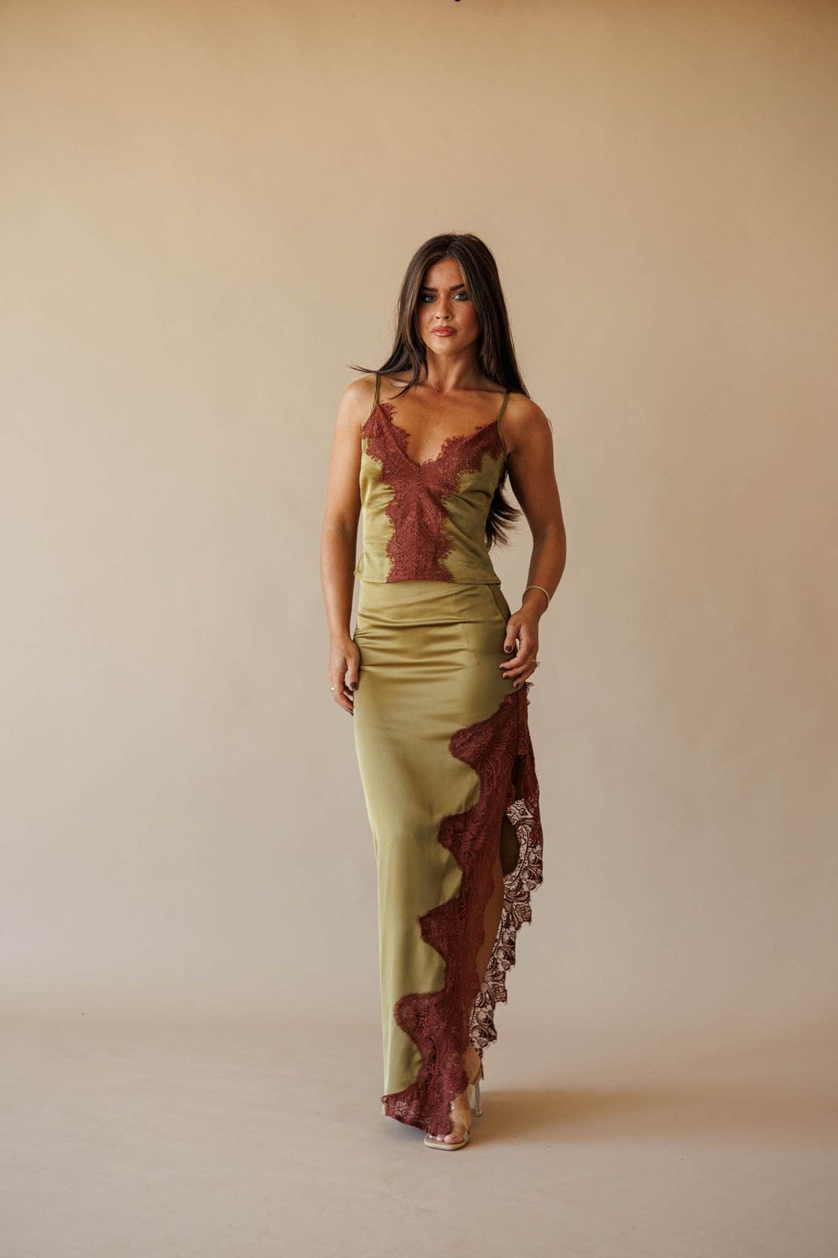 Olive satin camisole with lace trim