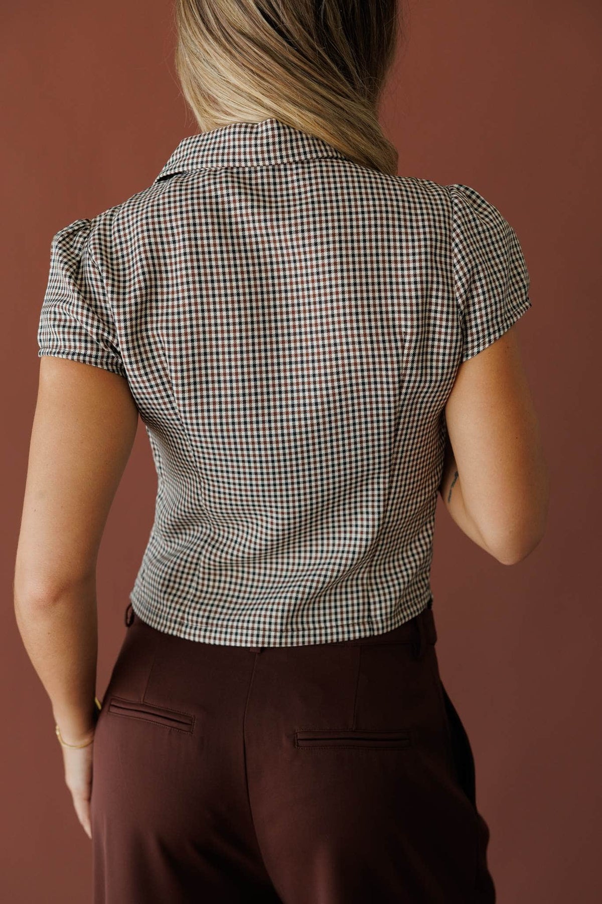 Grey micro check short sleeve button top