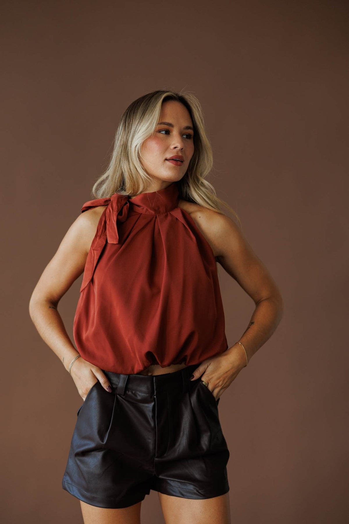 Tie neck blouse, front view
