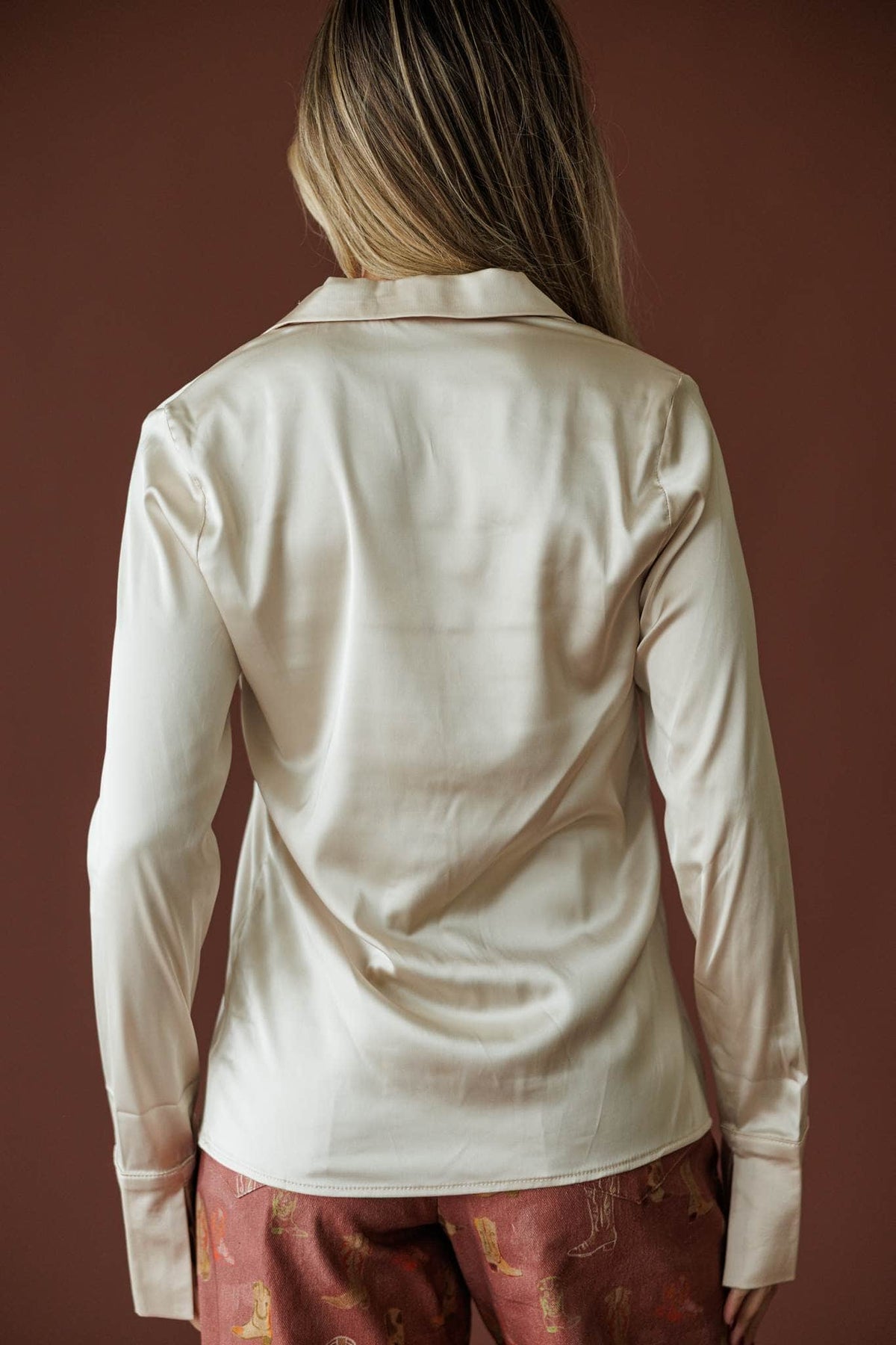 Tied To You Satin Blouse in cream, back view showing the collared satin blouse