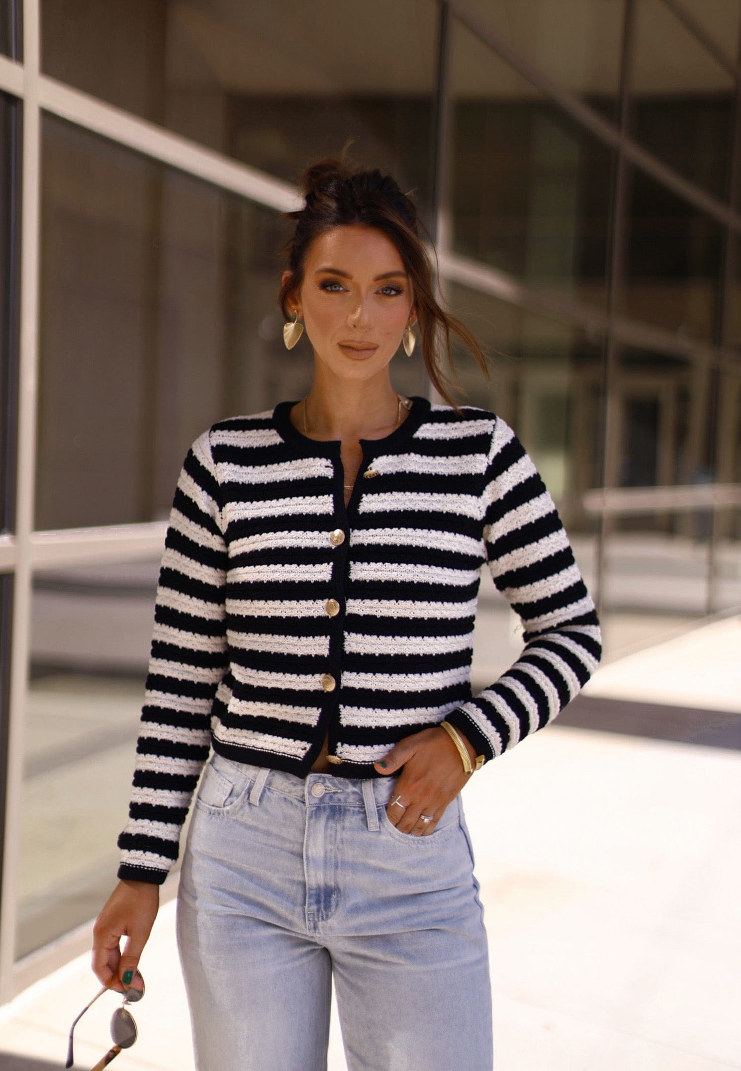 tws1021 stripe crochet knit button down cardigan The Workshop