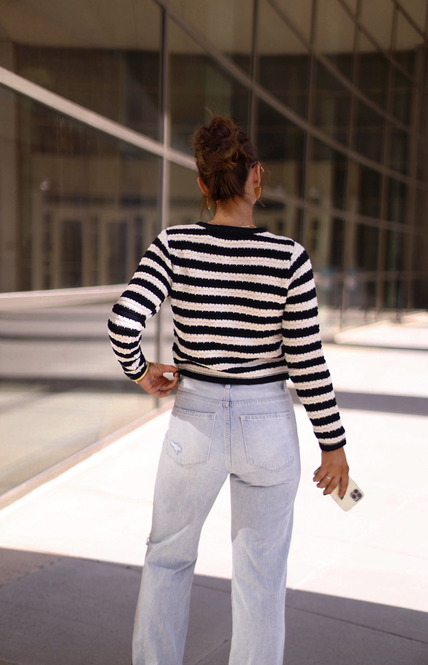 tws1021 stripe crochet knit button down cardigan The Workshop