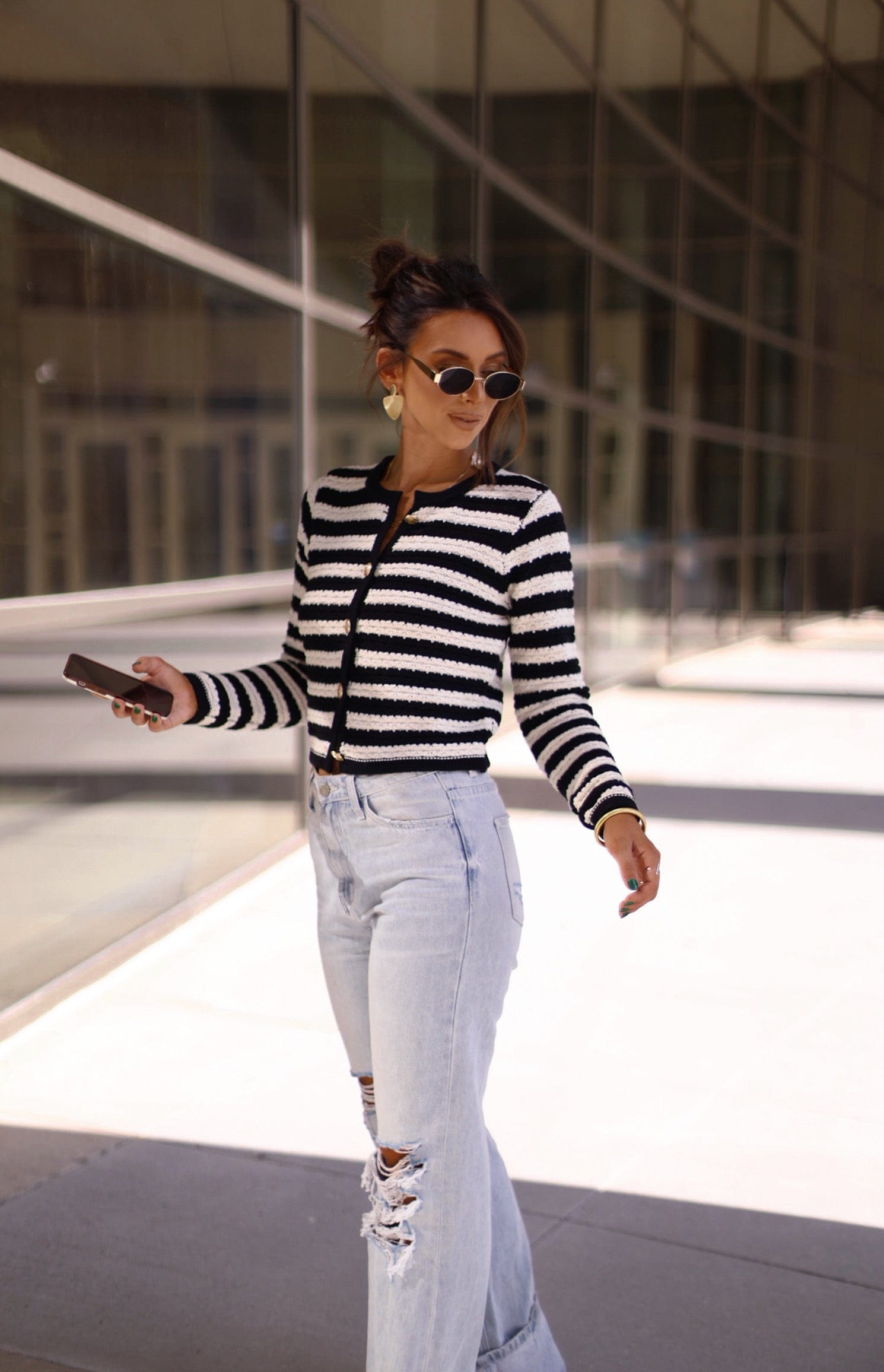 tws1021 stripe crochet knit button down cardigan The Workshop