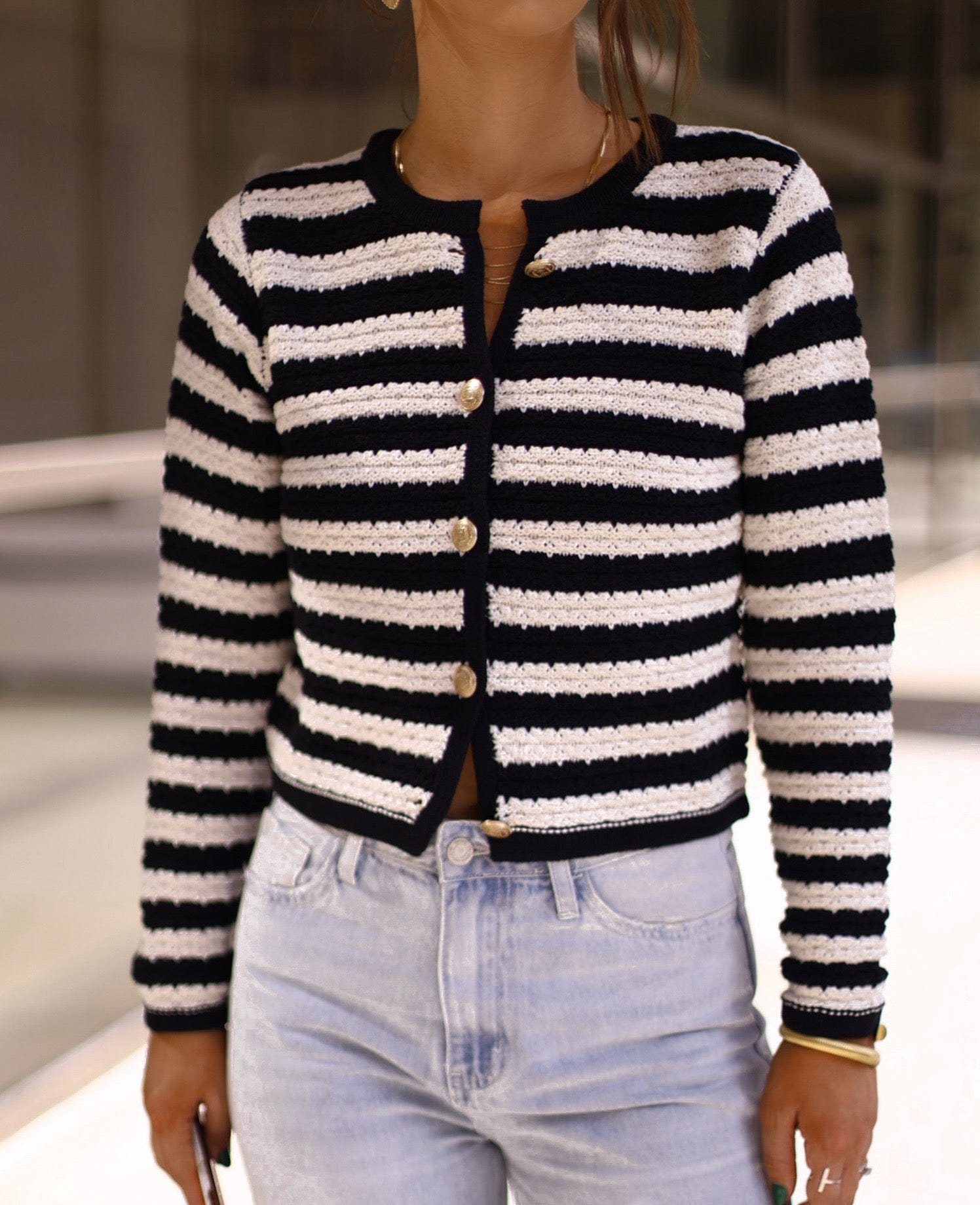 tws1021 stripe crochet knit button down cardigan The Workshop