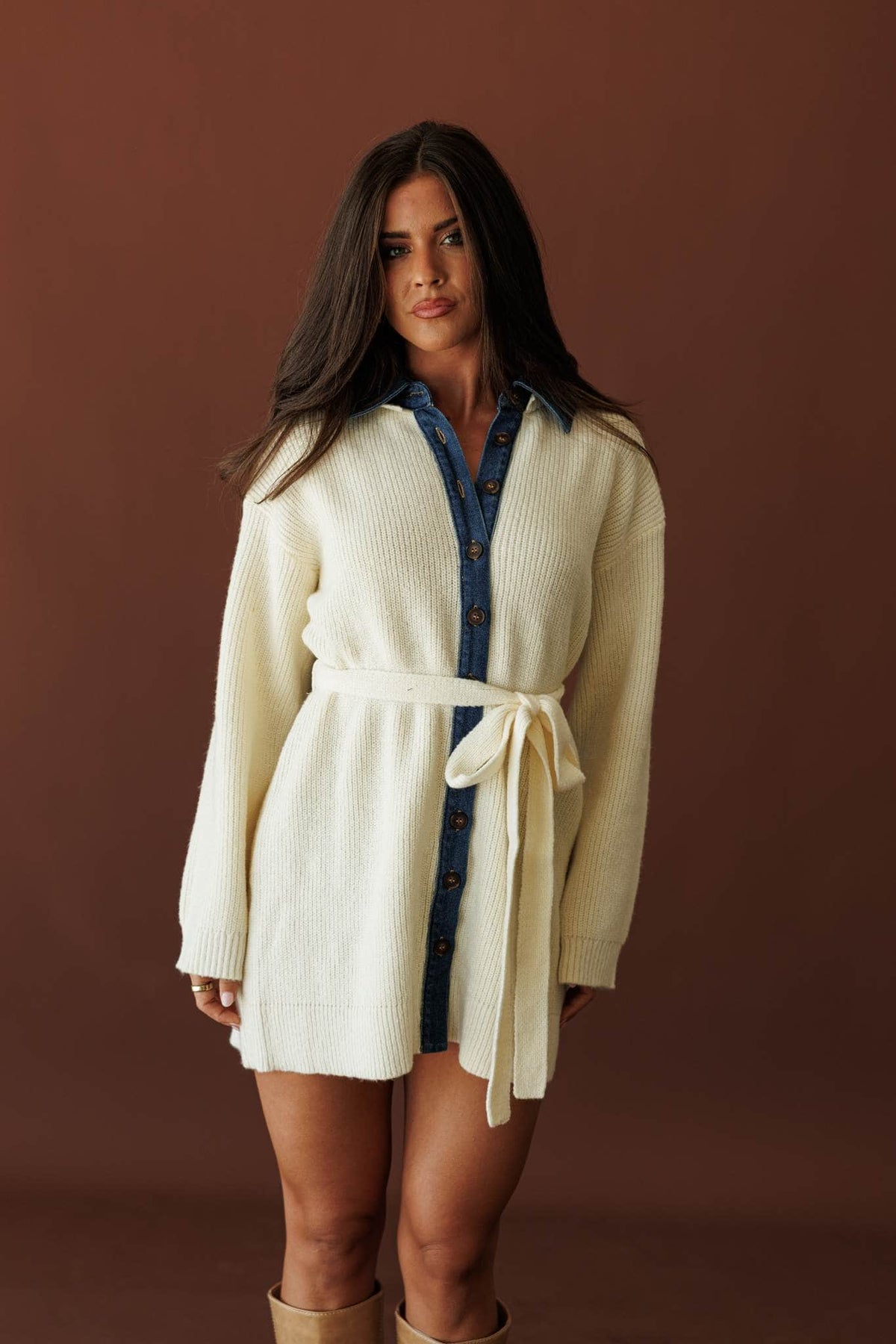 Varsity Collar Sweater Dress, front view of the contrast collar and tie belt
