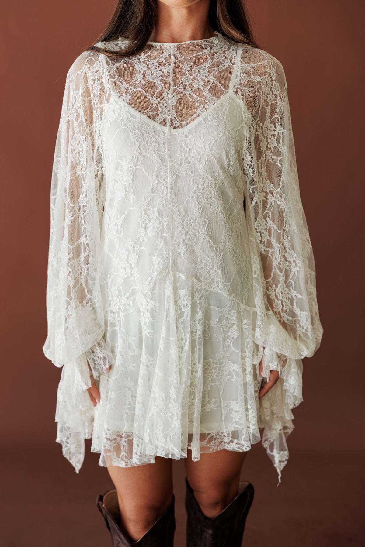 Lace Legend Mini Dress, in cream, front view of the lace and balloon sleeves