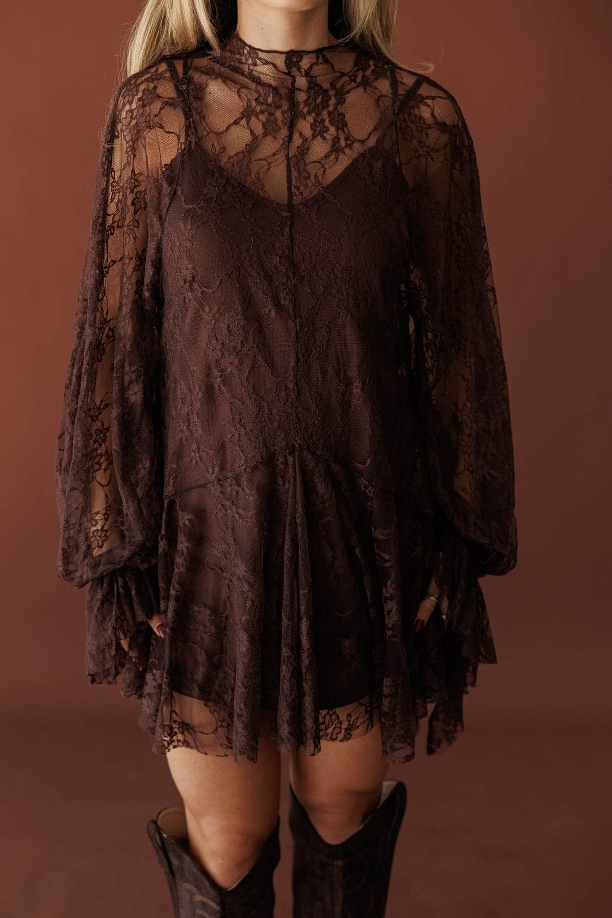 Lace Legend Mini Dress, in chocolate, front view of the all-over lace