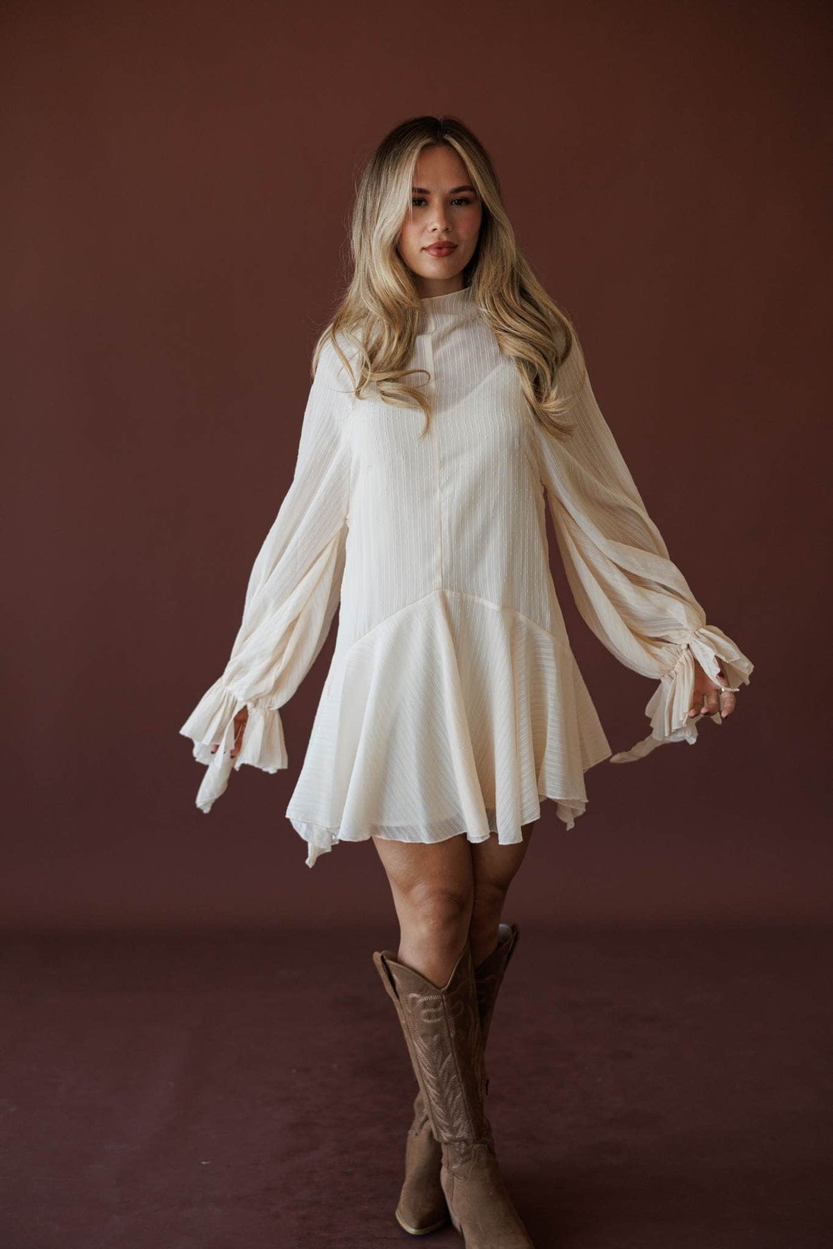 Cloud Nine Mini Dress, full-length front view with boots