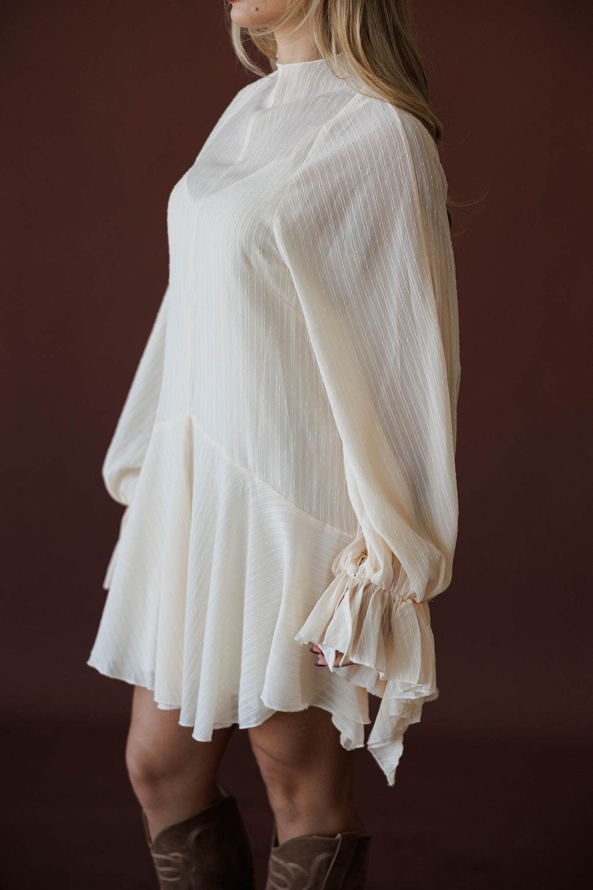 Cloud Nine Mini Dress, side view of the tiered sleeve