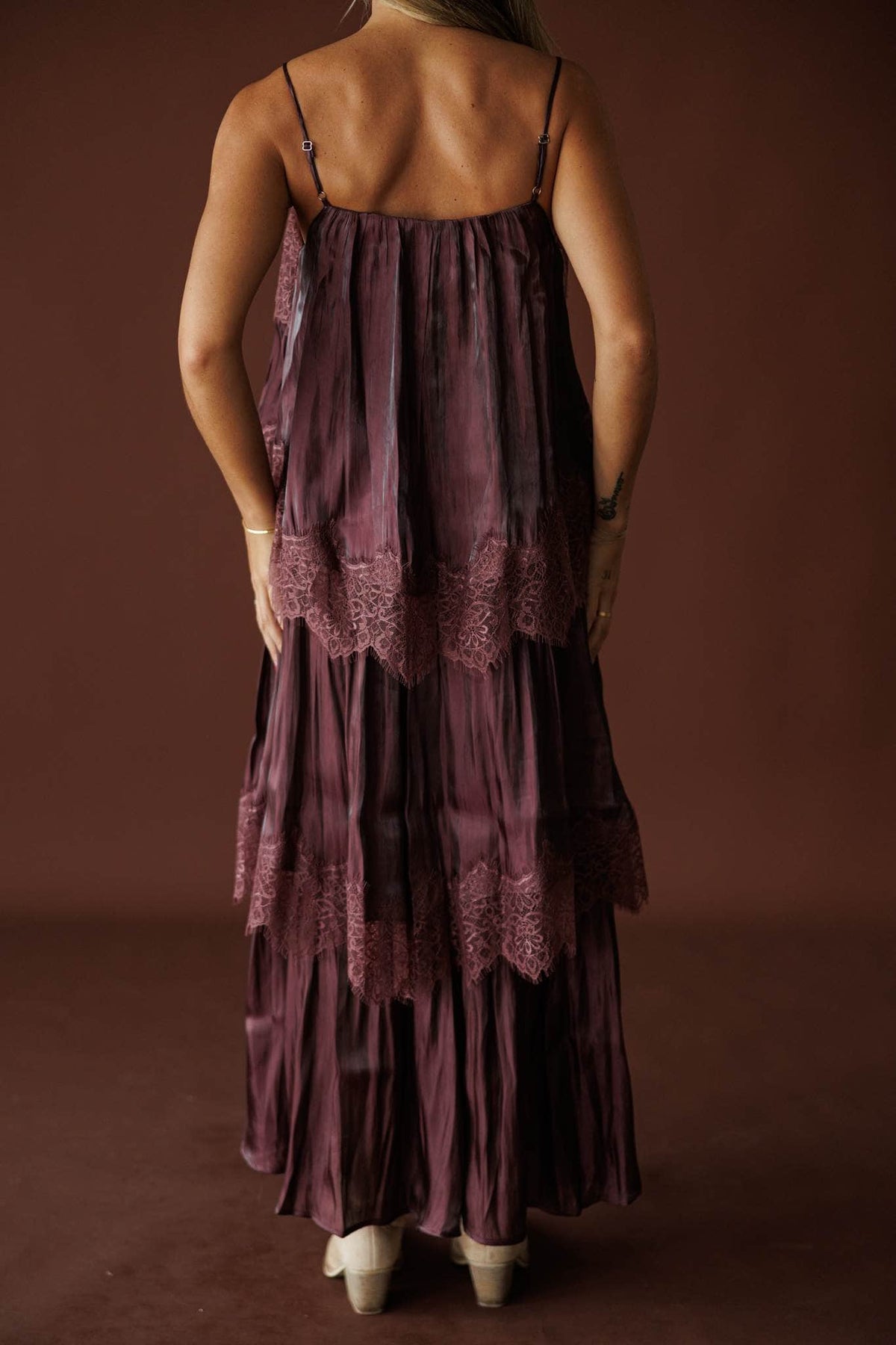 Where The Wildflowers Grow Maxi Dress in plum, back view showing the adjustable straps