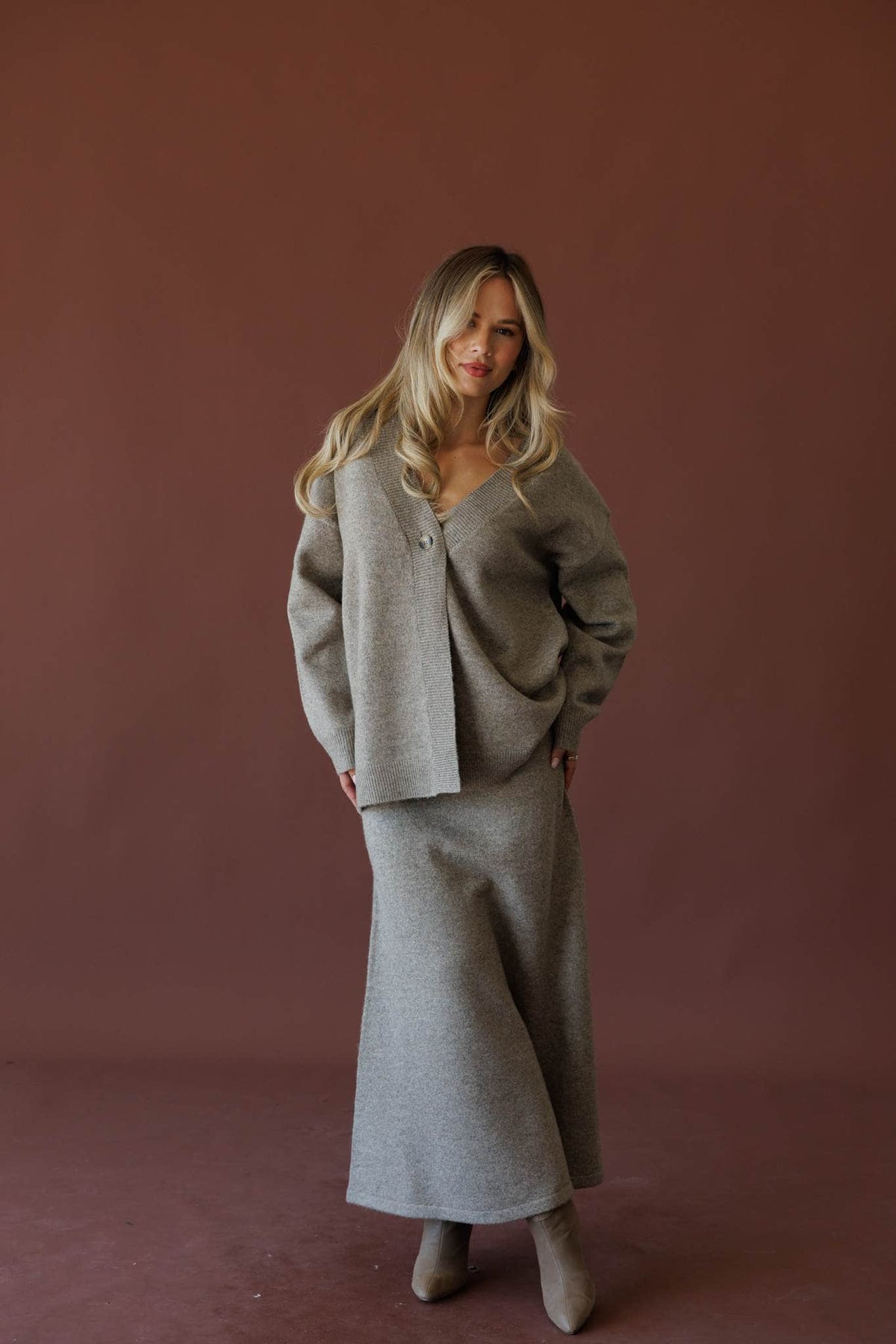 Grey knit cardigan, front view