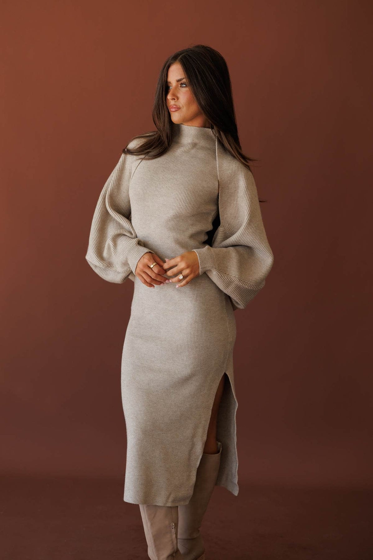 Serving Looks Shrug, in cloud grey, full-length view with a matching knit dress