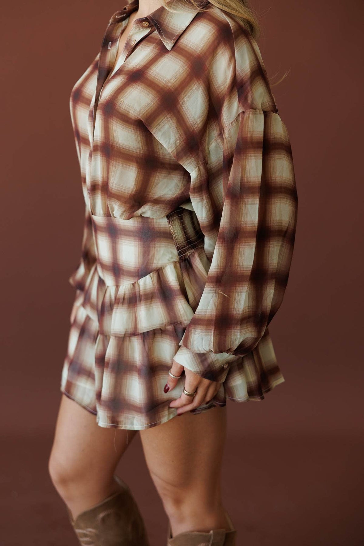 Plaid Lane Romper, side view of the tie waist