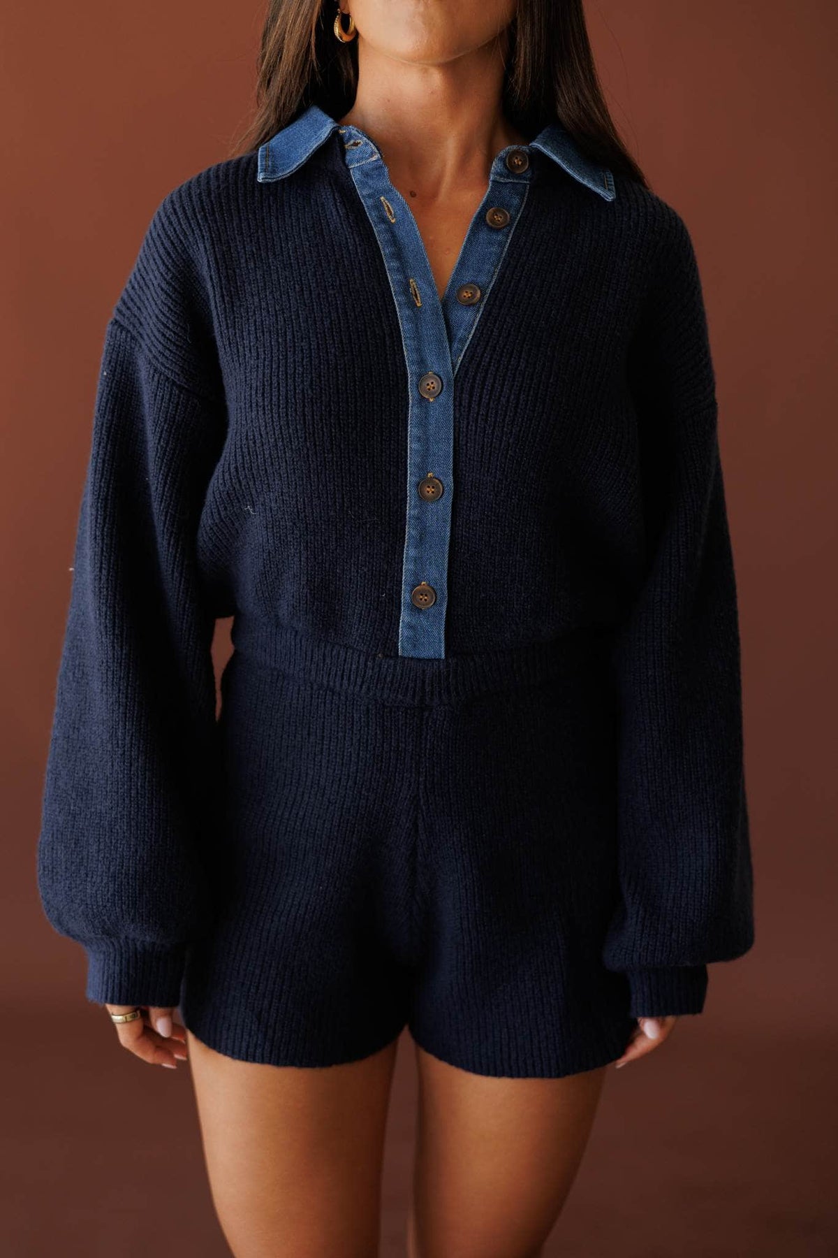 Mixed Signals Sweater Romper, in midnight, front view of the denim collar