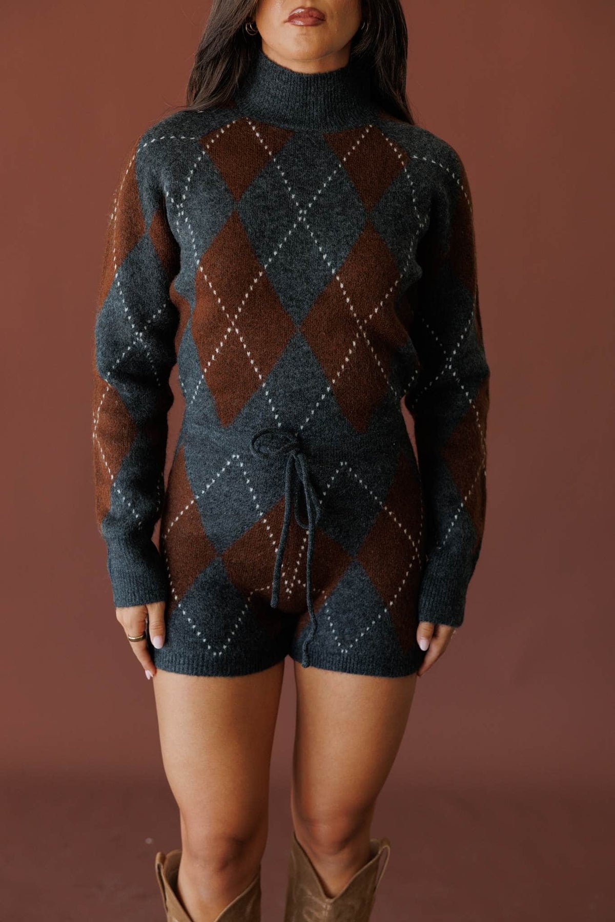 Brown argyle knit romper