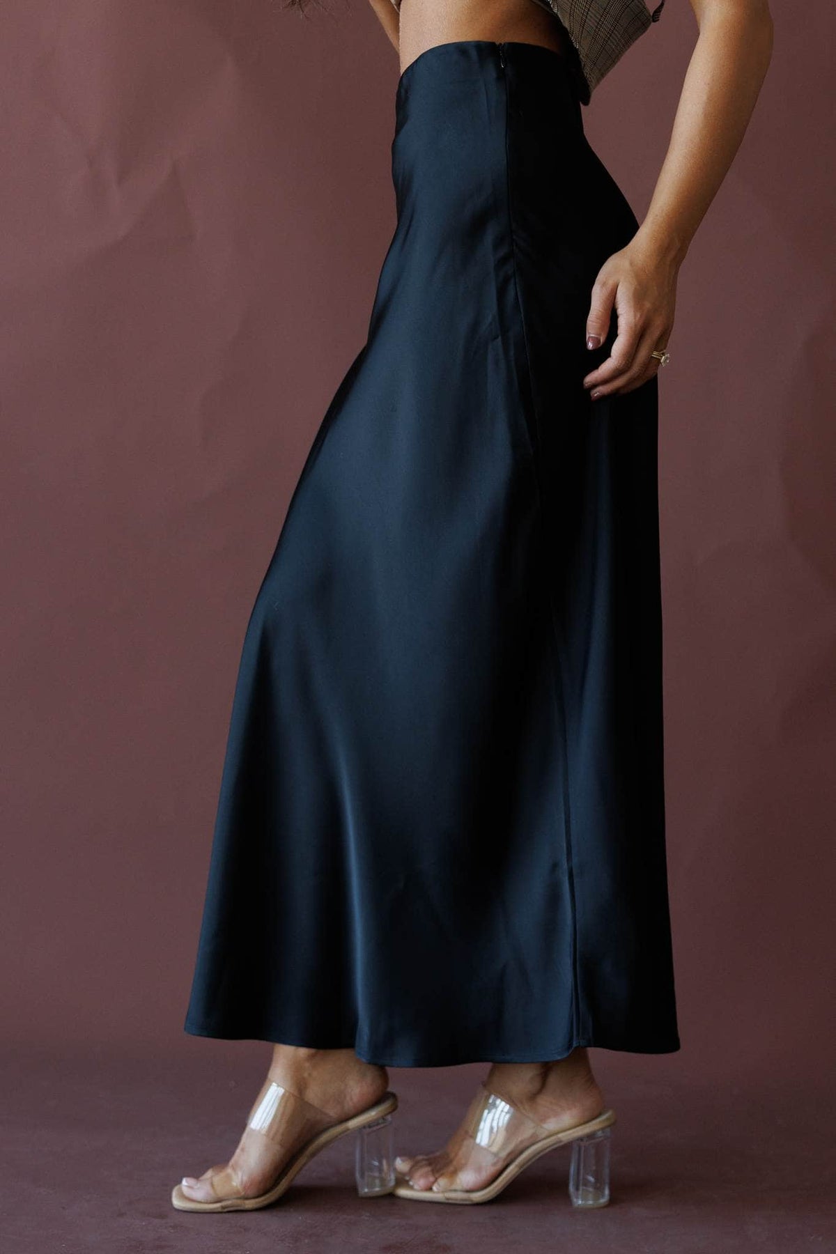 Black satin maxi skirt