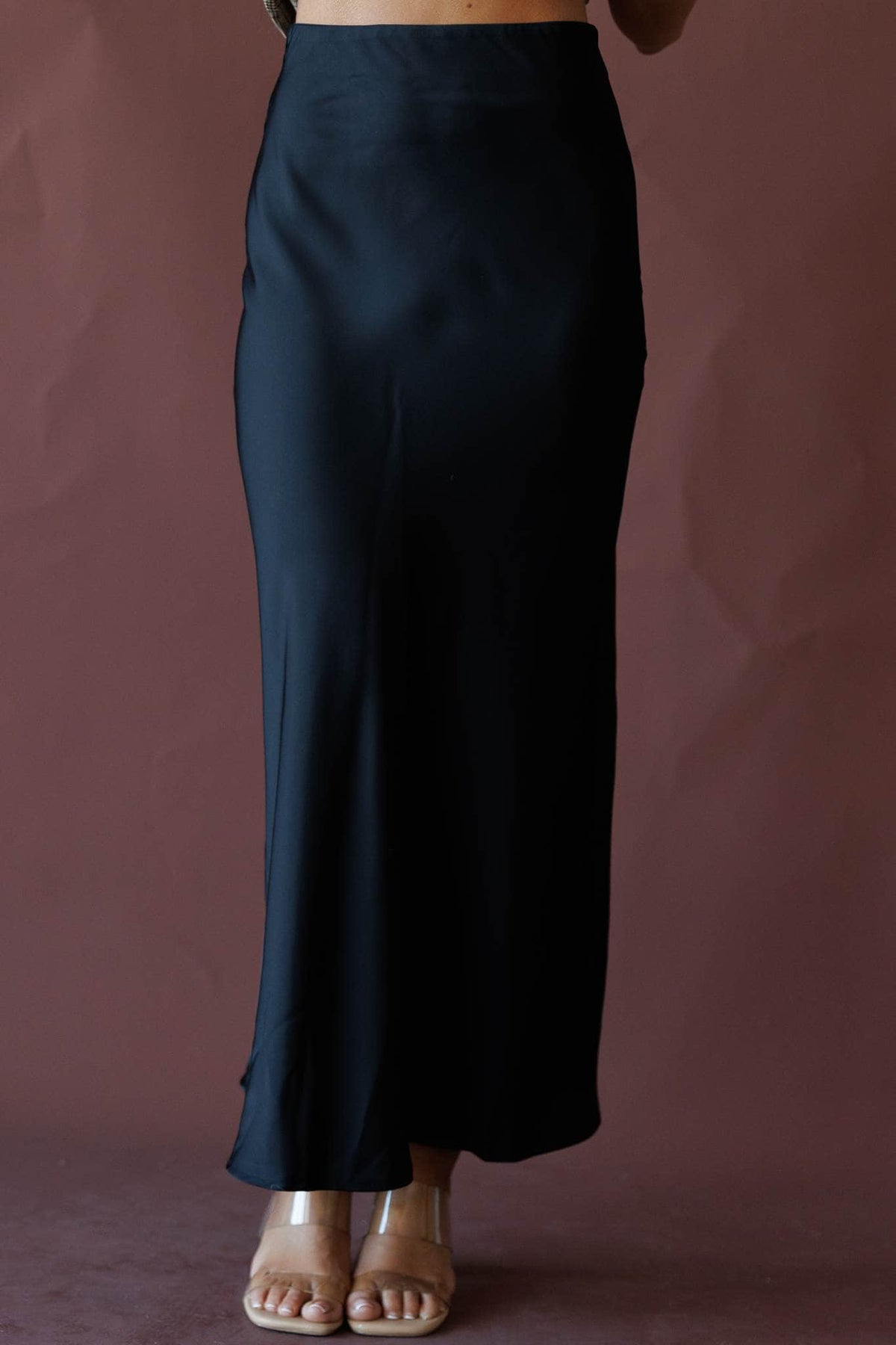 Black satin maxi skirt, front view