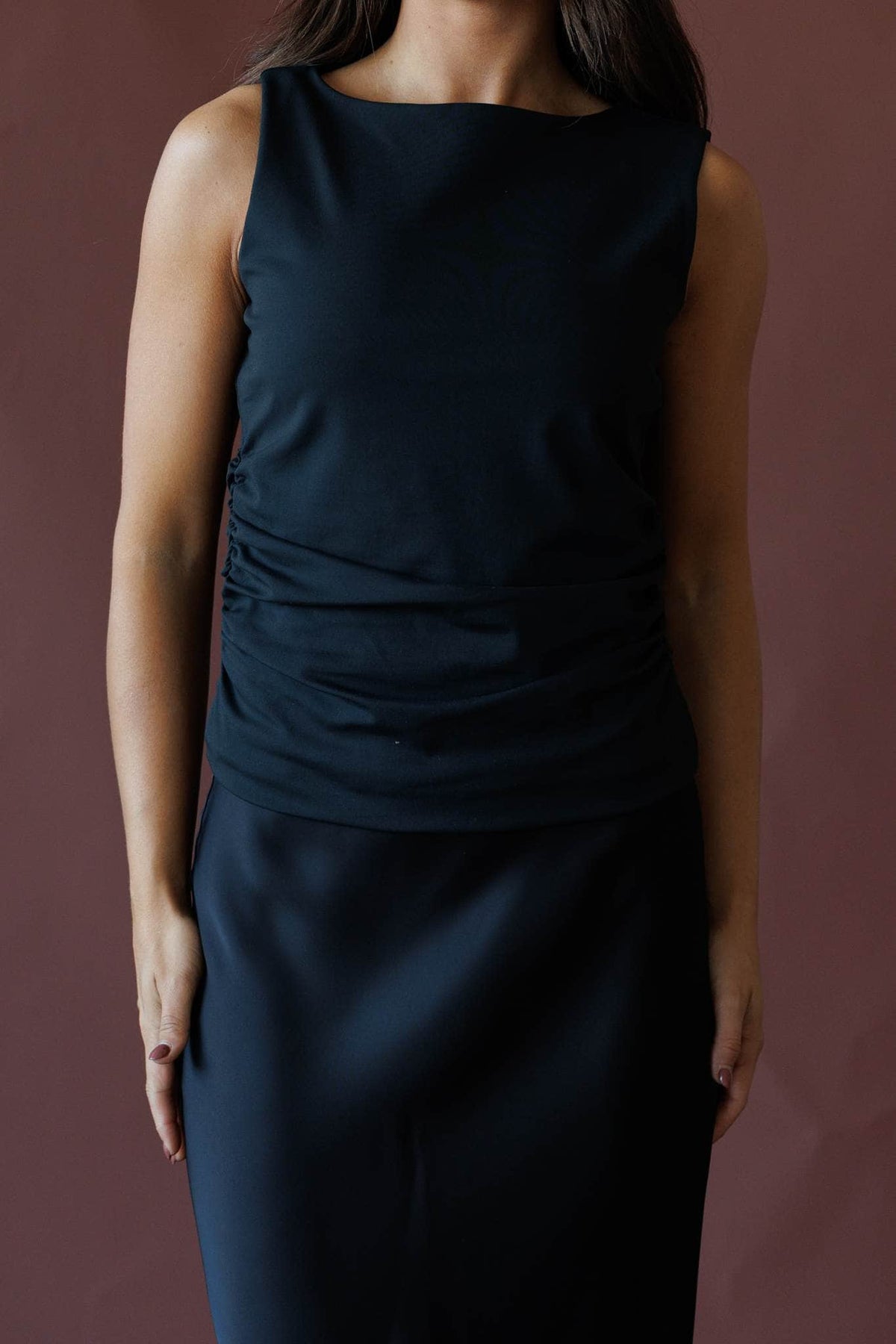 Black sleeveless ruched top